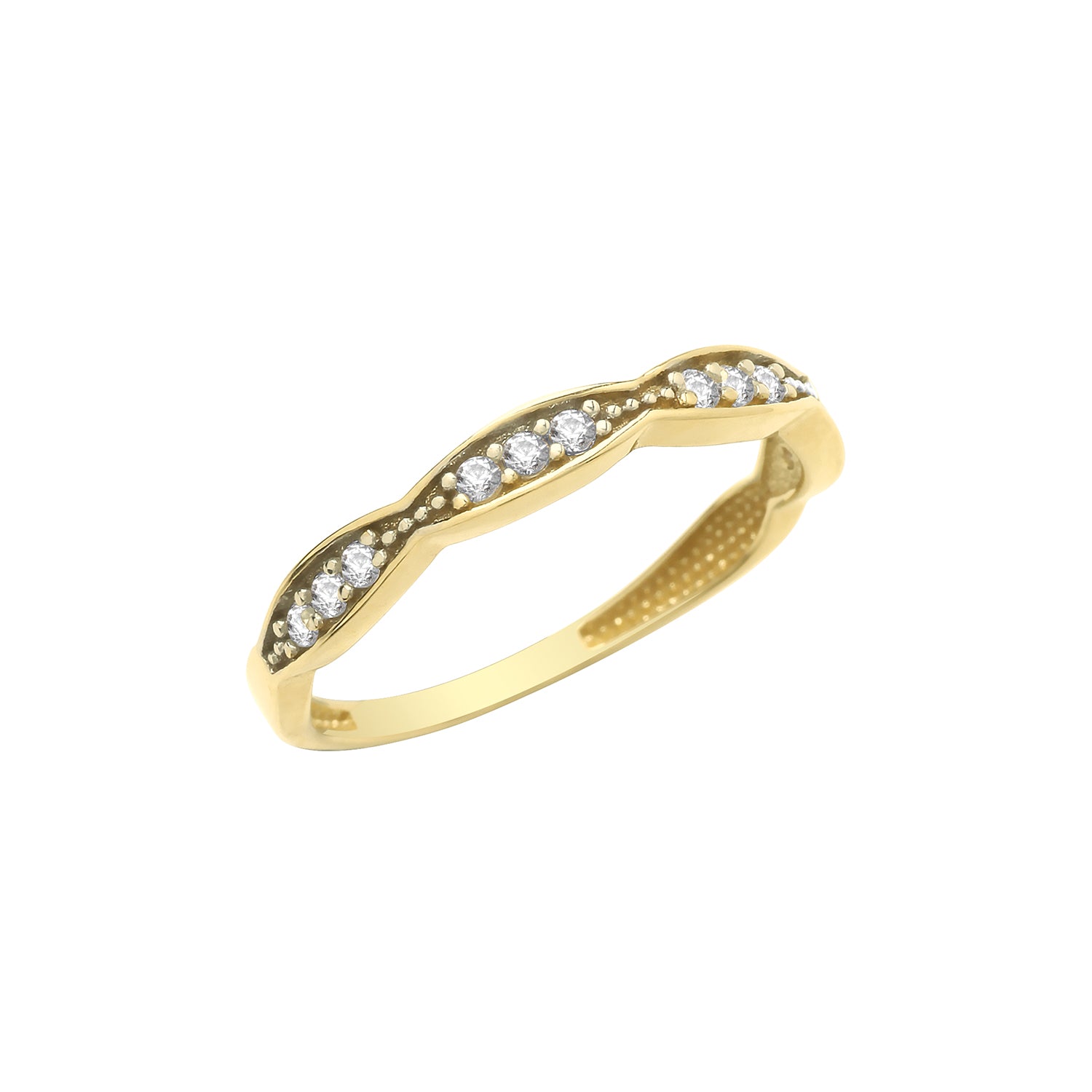 This 9ct gold CZ ribbon style eternity ring features a wavy yellow gold band set with small round white stones along the top, creating a modern half eternity look.