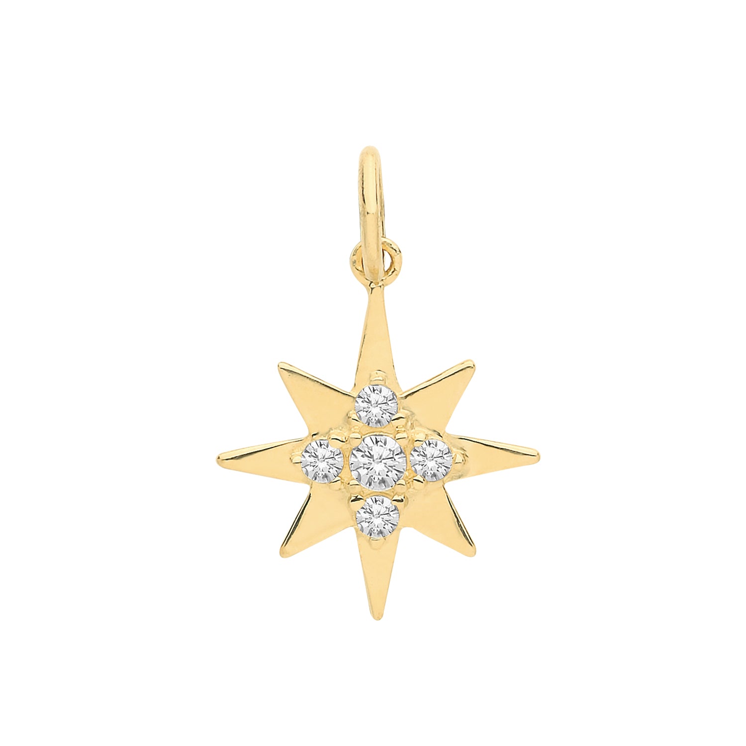 The 9ct Gold Cubic Zirconia Set Star Charm Pendant features an eight-point star design with seven sparkling cubic zirconia stones in the center for added brilliance.