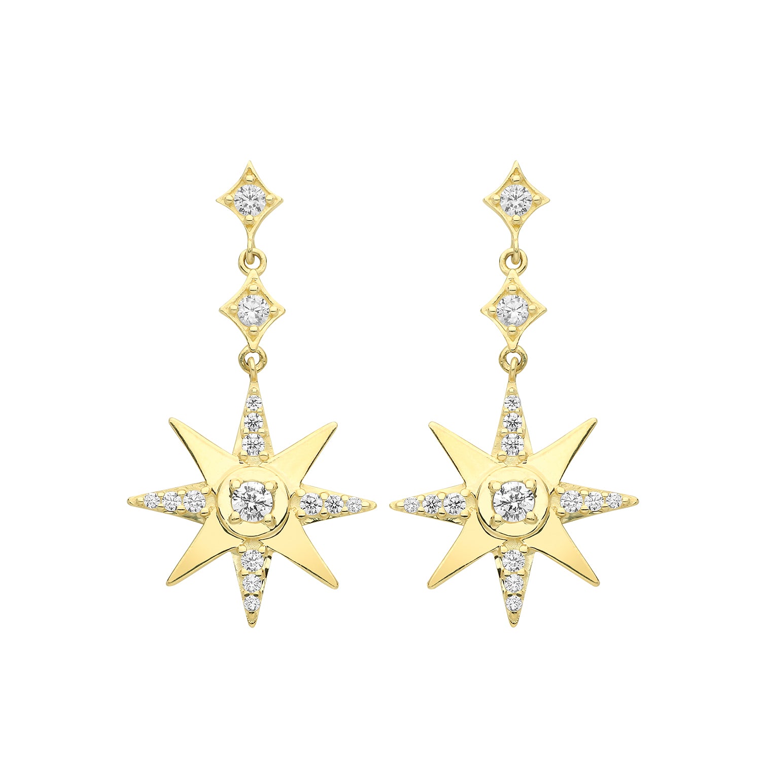 The 9CT GOLD CZ SET STAR DROP EARRINGS feature eight-pointed star designs with central and accent CZ stones, linked by three small diamond-shaped connectors, all crafted in 9ct yellow gold.