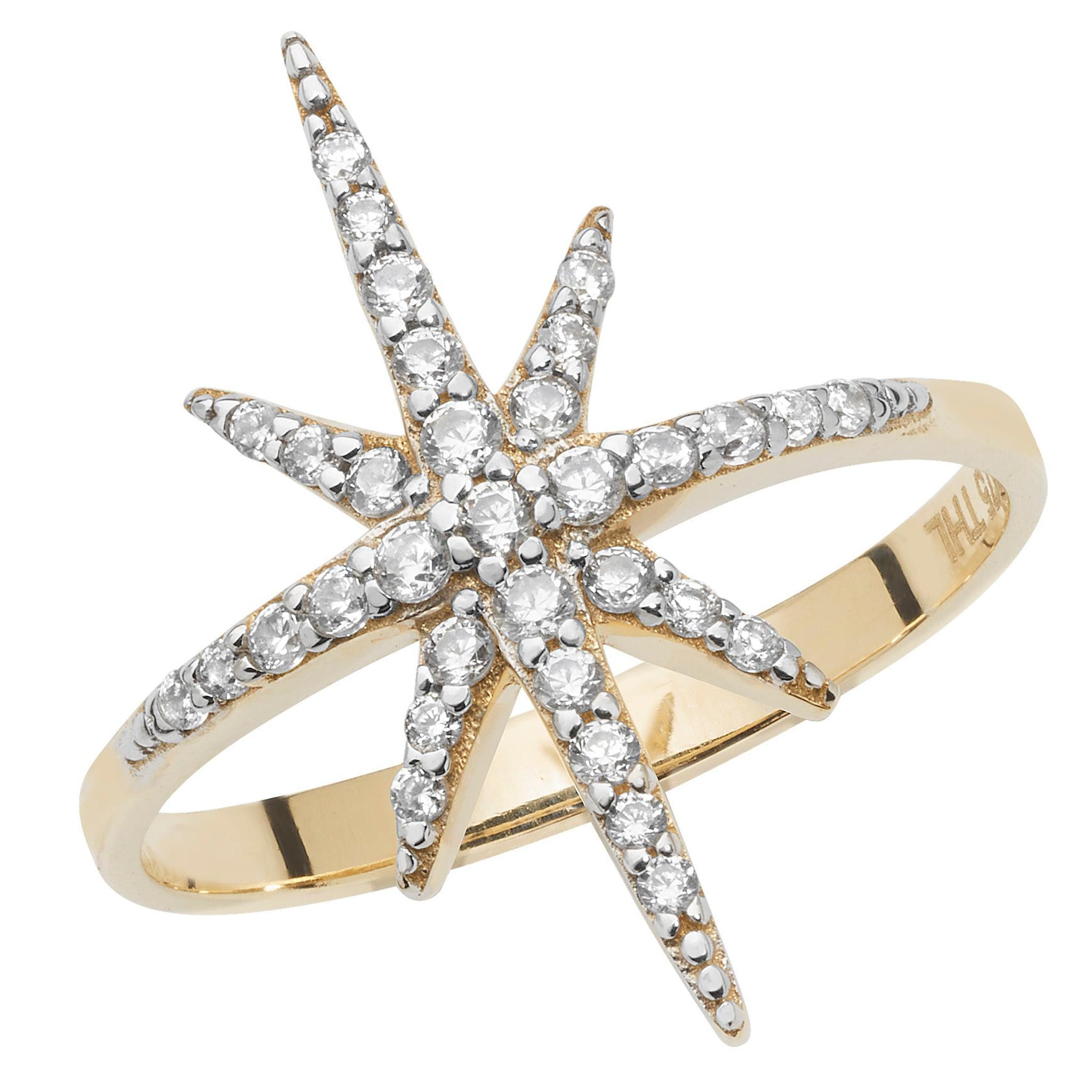 9ct yellow gold ladies ring featuring a starburst design set with small round cubic zirconia stones on the points and center, displayed against a white background.