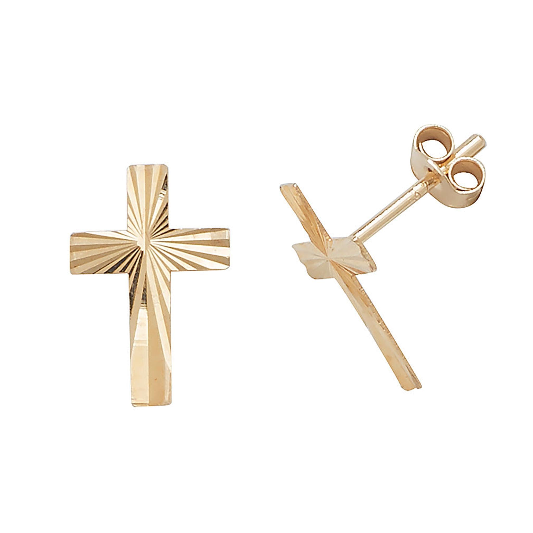9ct gold diamond cut cross stud earrings shown from front and side angles against a white background.