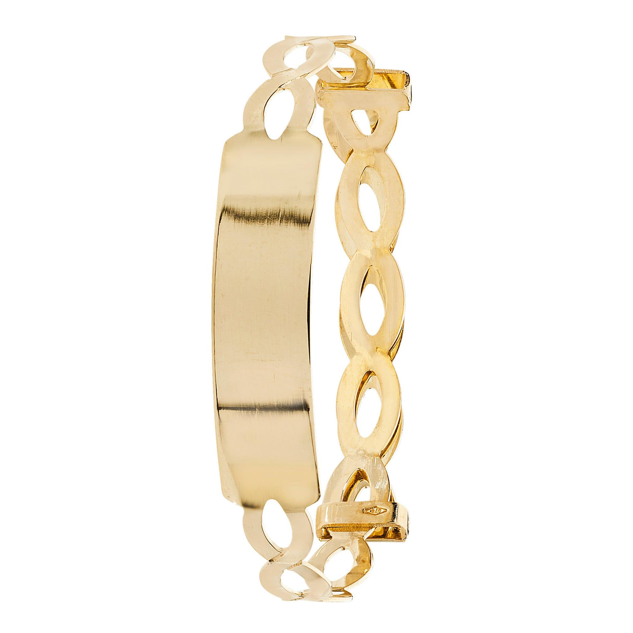 The 9CT GOLD EXPANDABLE BABY ID CHAIN LINK STYLE BANGLE features an oval-link chain and a solid, rectangular nameplate—perfect as an engravable baby bracelet.
