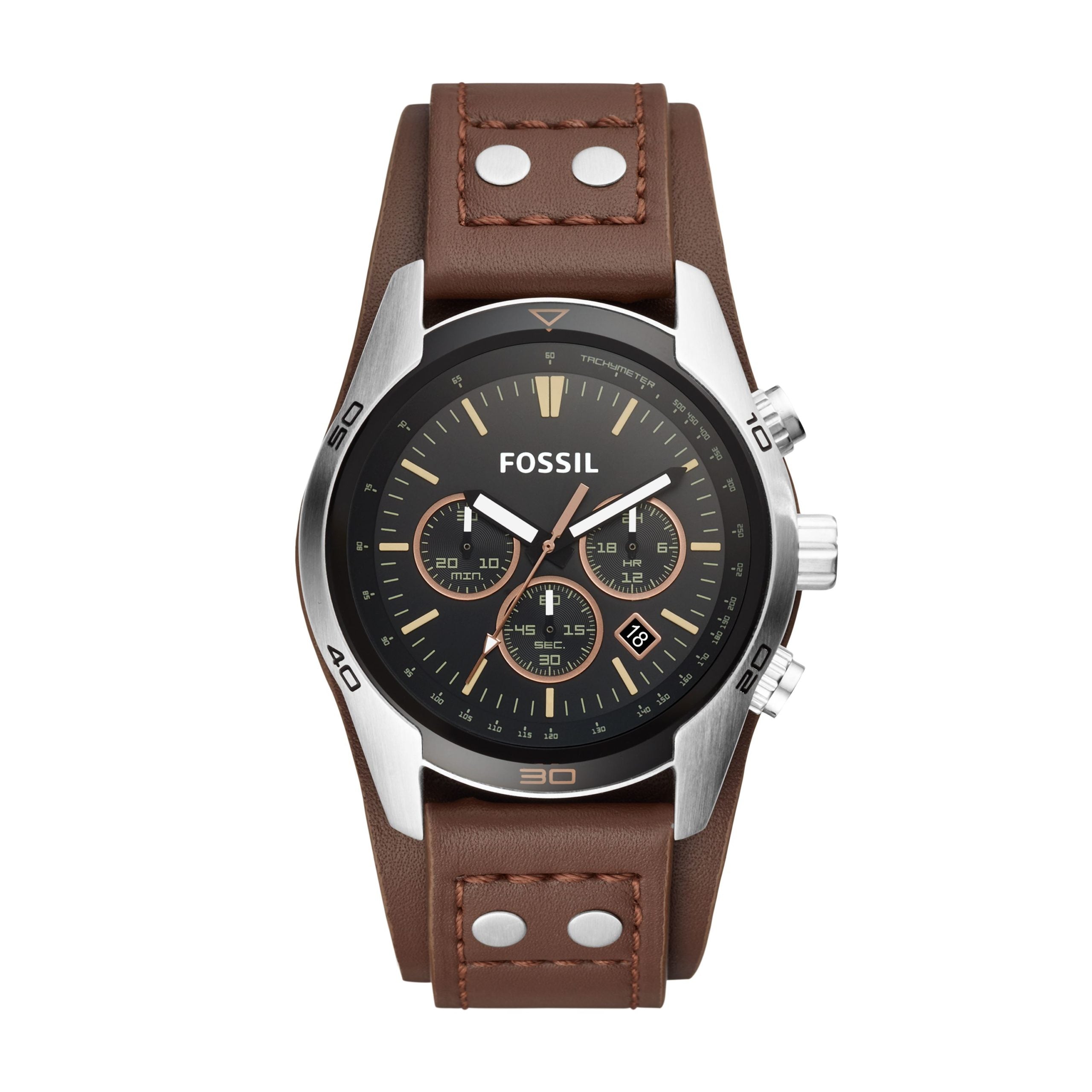 The Fossil CH2891 Men's Coachman Chronograph Watch features a brown leather strap, black dial, silver case, and multiple subdials, displayed against a white background.