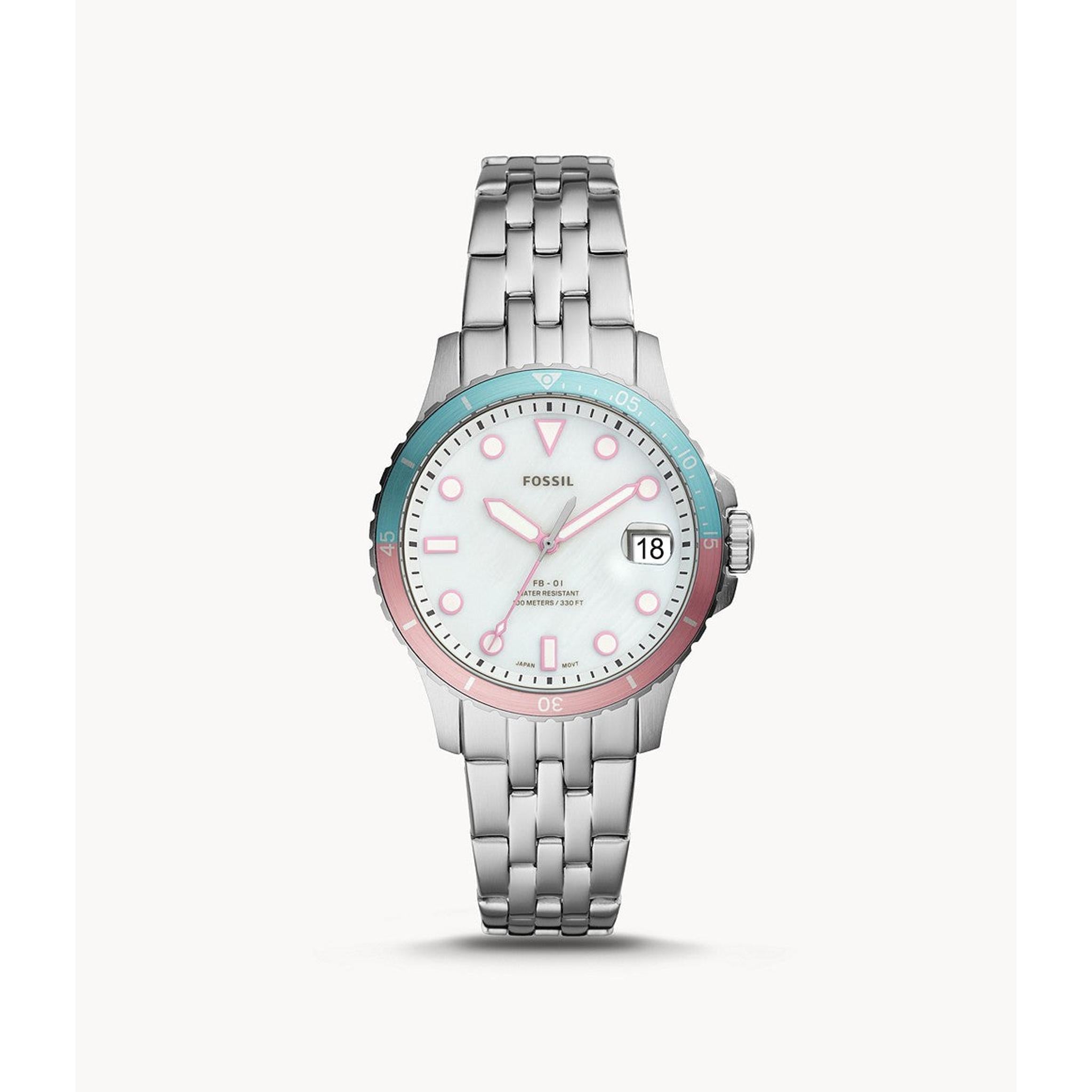 The Fossil ES4741 Ladies FB-01 Silver Tone Bracelet Watch features a stainless steel case, pink and blue unidirectional bezel, white dial with date at 3 o'clock, and a silver-tone link band, displayed on a plain white background.