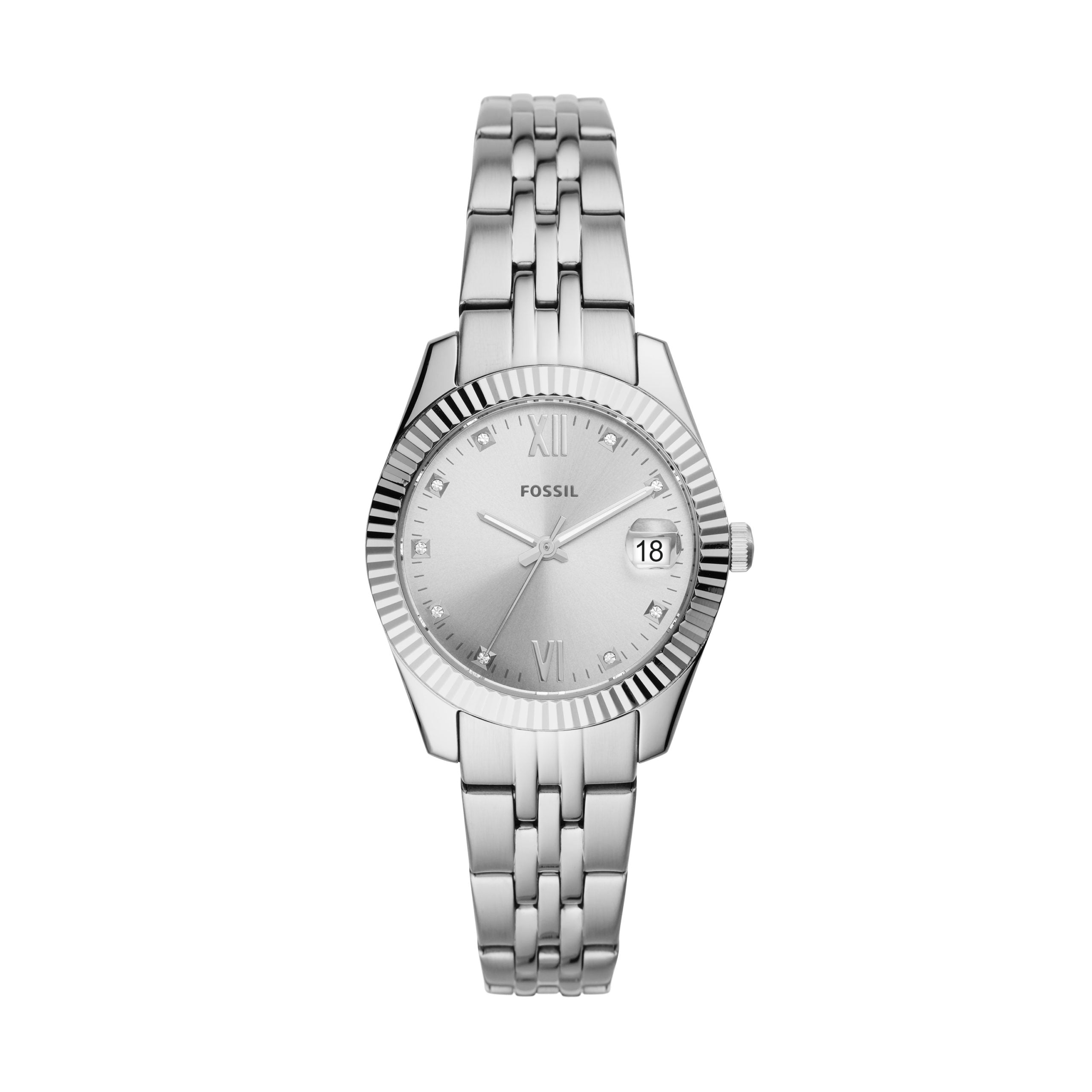 The FOSSIL Ladies Scarlette Silver Tone Mini Watch ES4897 features a dressy silver tone design, fluted bezel, Roman numerals, date display at 3 o’clock, and a linked metal band.