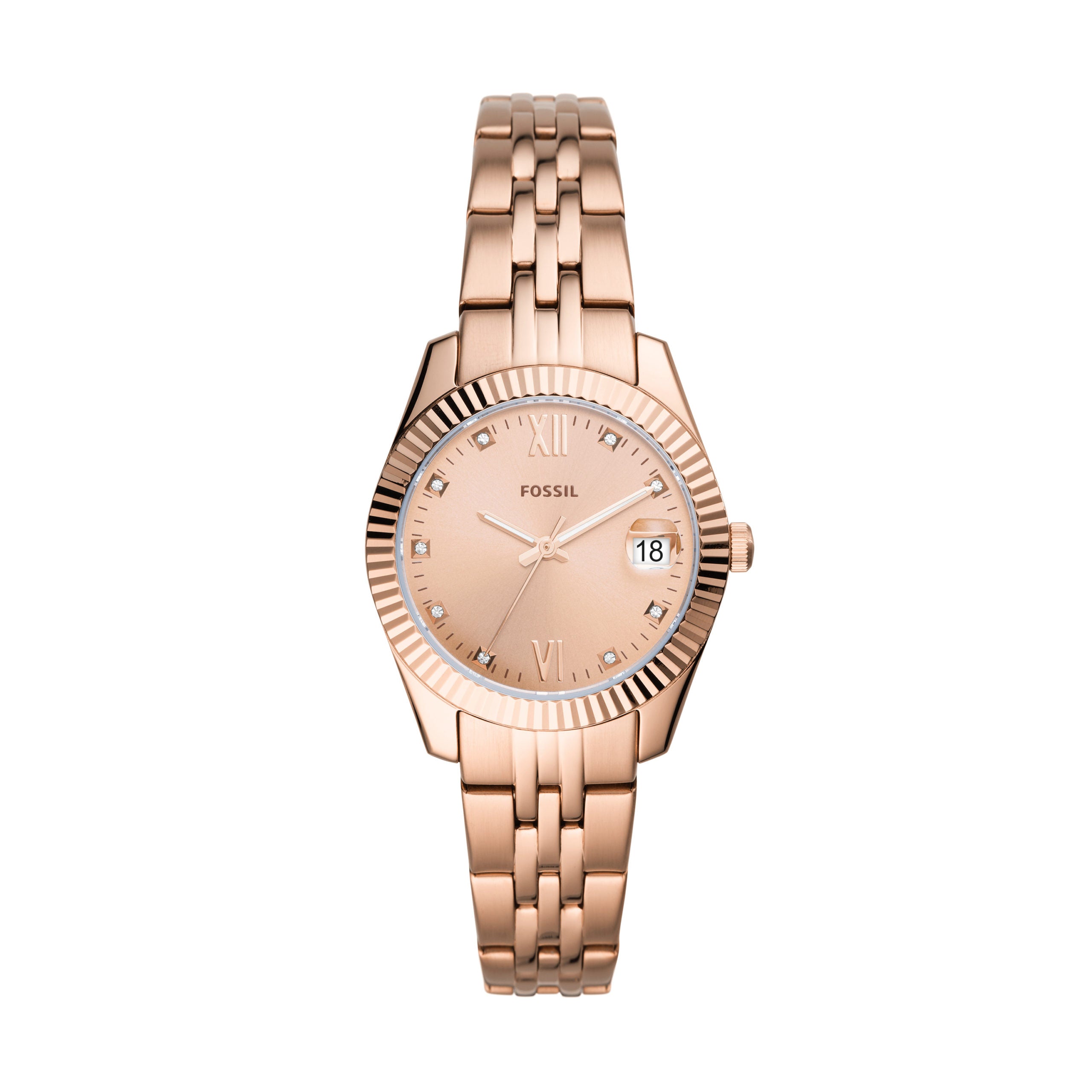 The Fossil ES4898 Ladies Scarlette Mini is a rose gold tone dress watch with a metal link band, fluted bezel, date window at 3 o’clock, and simple markers on a matching dial—an elegant choice for women.