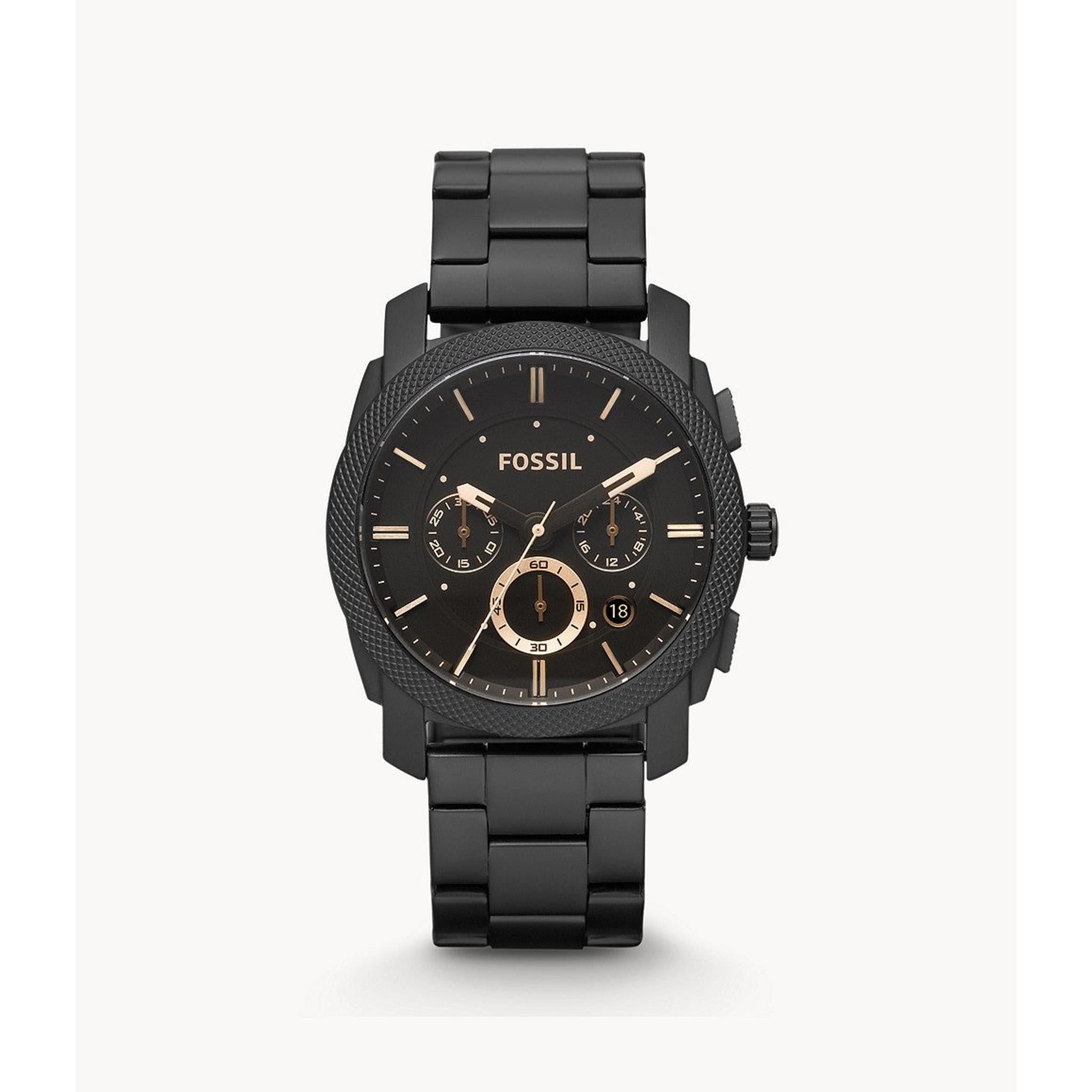 The Fossil Mens Machine Chronograph Watch Black FS4682IE features a black stainless steel band, black and gold dial, three subdials, and date display—offering bold style and precise timekeeping.
