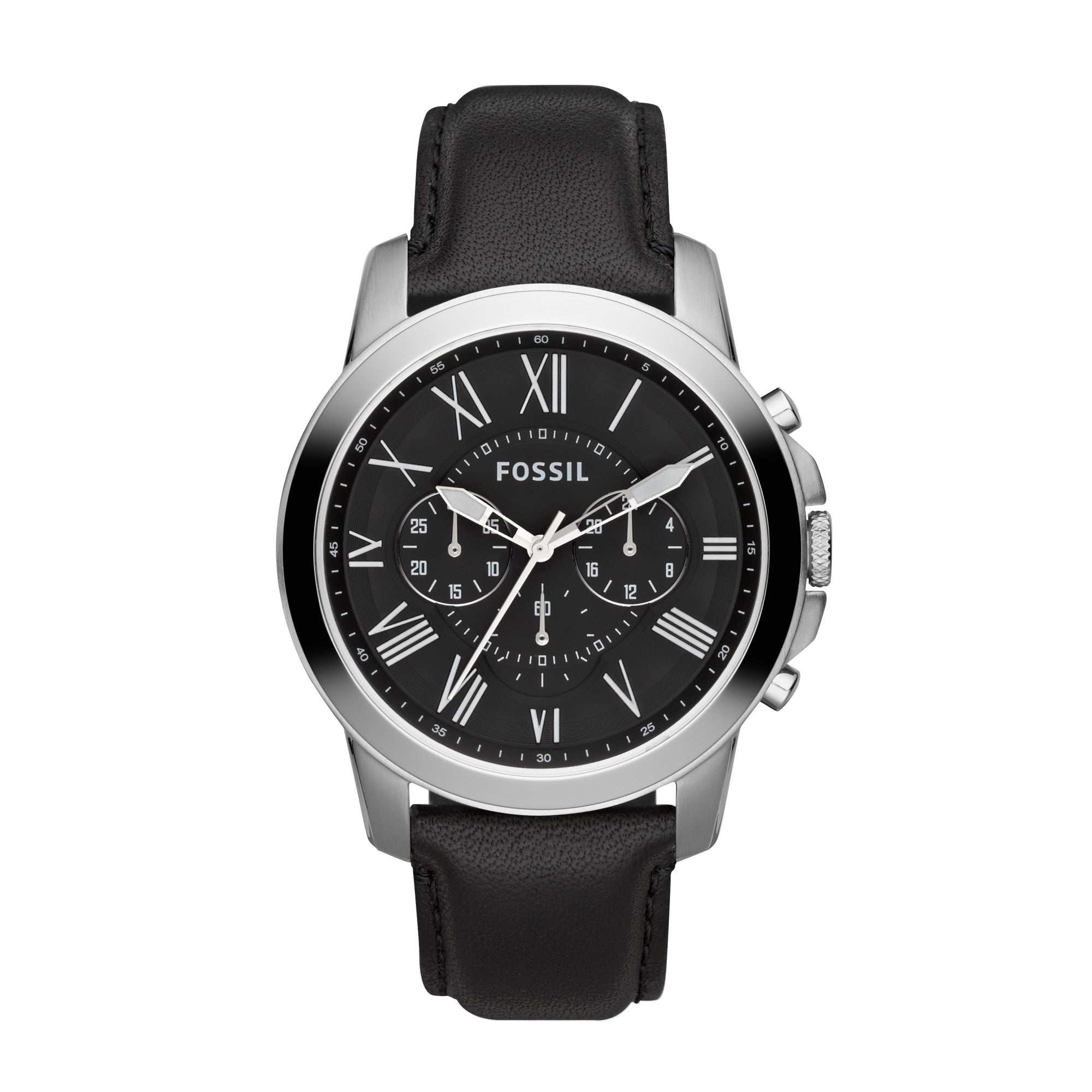 The Fossil Grant Chronograph Black Leather Strap Watch FS48121E features a black leather strap, silver bezel, and black dial with Roman numerals and three subdials.