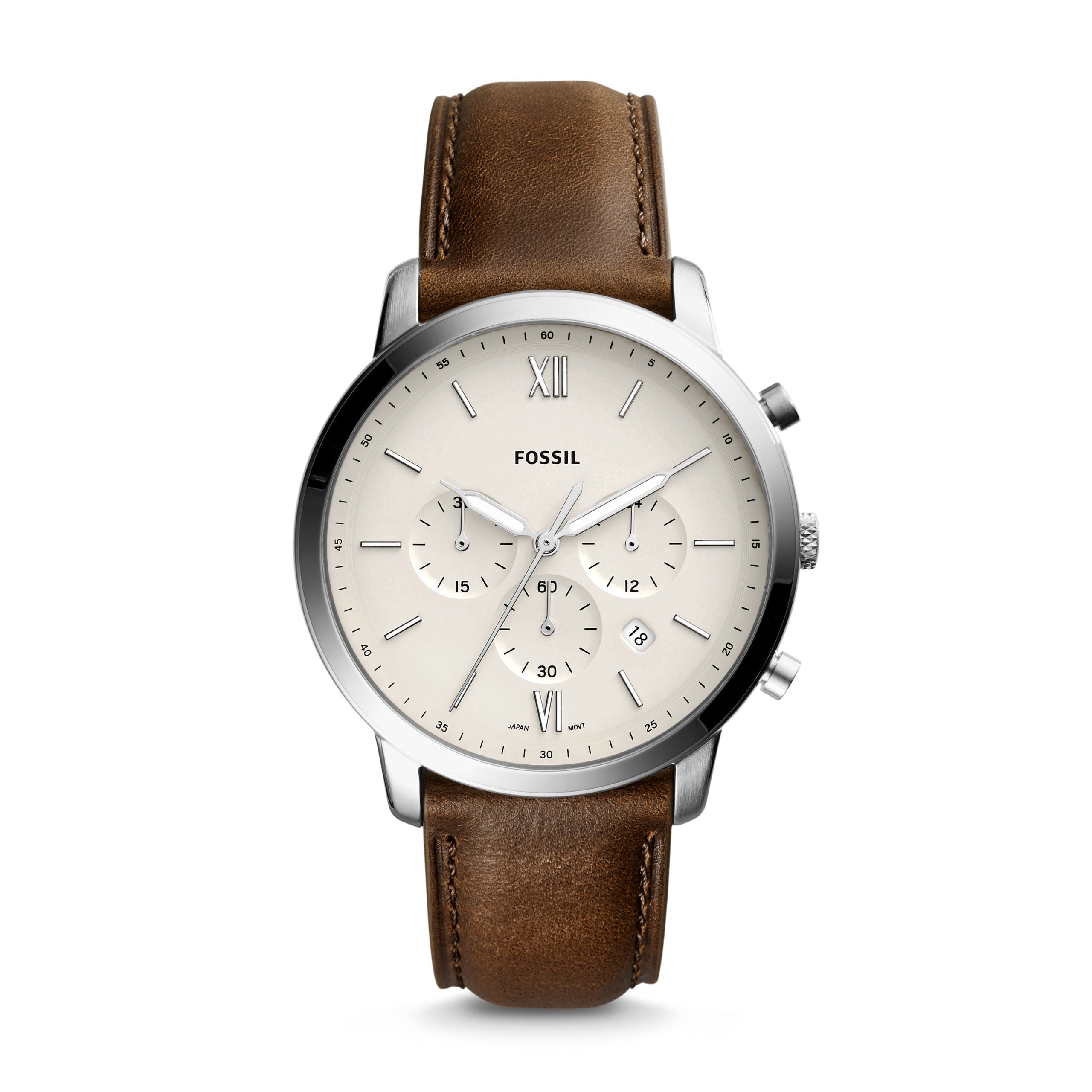 The Fossil Neutra Mens Chronograph Watch FS5380 features a brown strap, silver case, cream dial with three subdials, date window, and Roman numerals at 12 and 6.