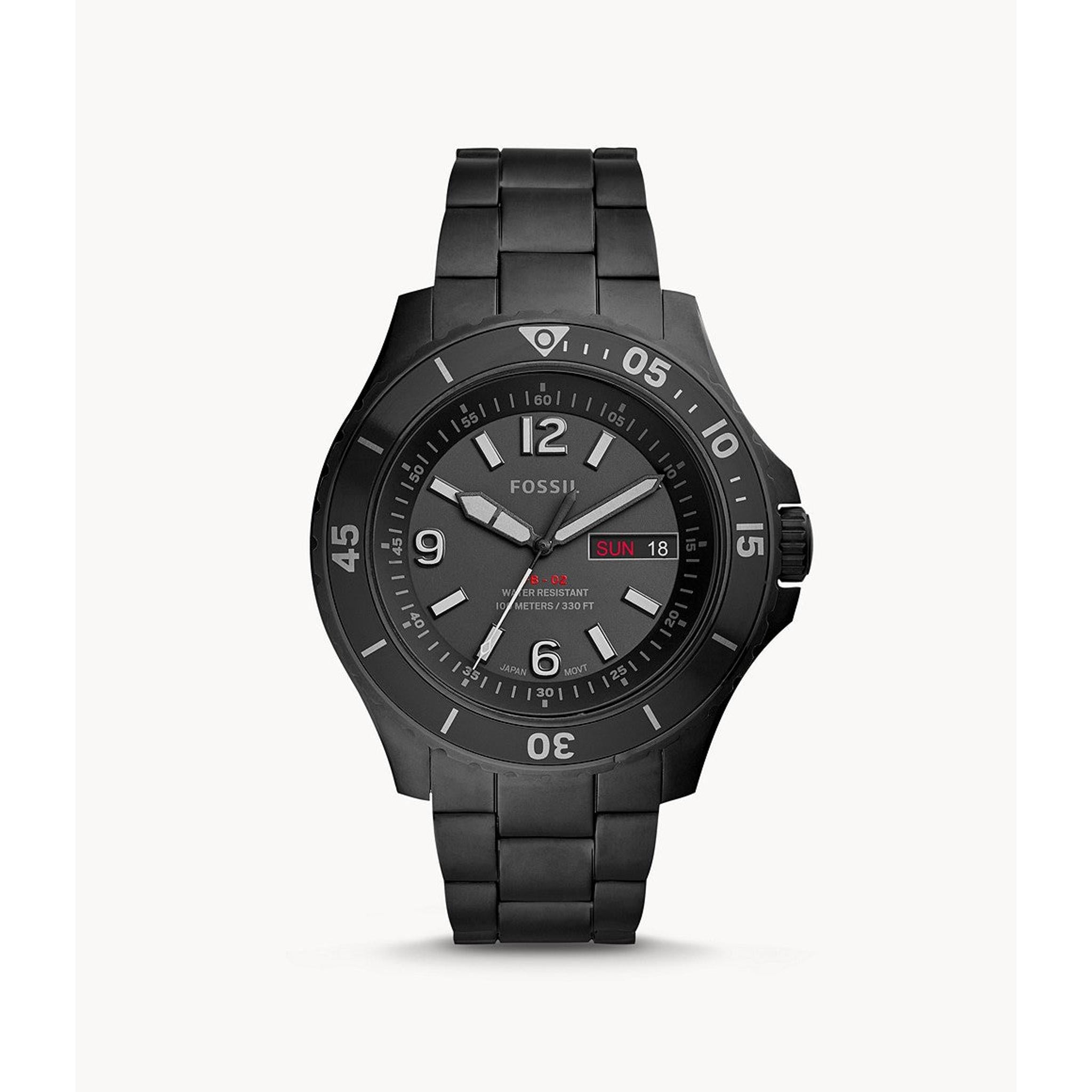 The Fossil Gents FB-02 Black Stainless Steel Watch FS5688, featuring a metal band, large numerals, rotating bezel, and day-date display, is shown against a plain white background.