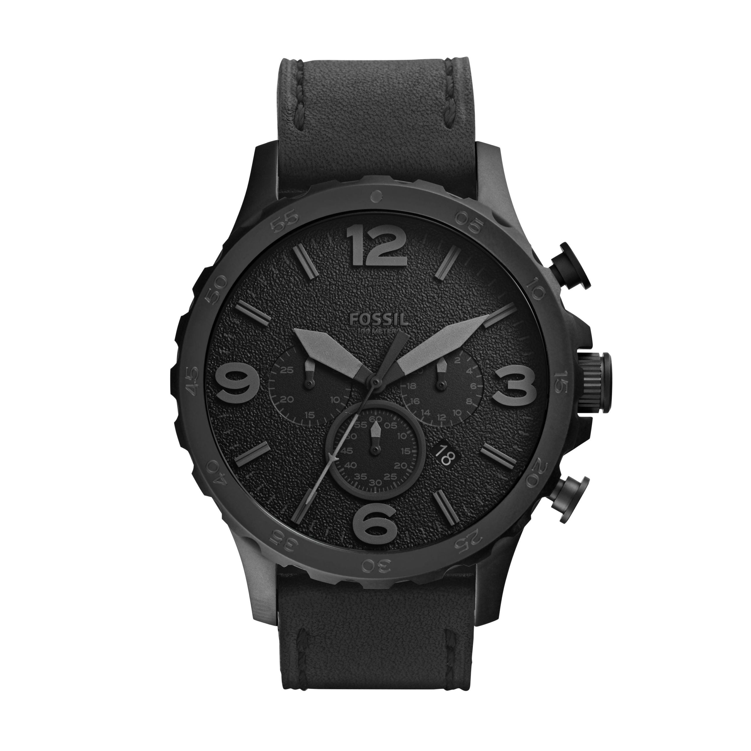 The Fossil JR1354 Men's Nate Chronograph Leather Strap Watch features a textured black dial with large numerals, three subdials, and a black leather strap, shown on a white background.
