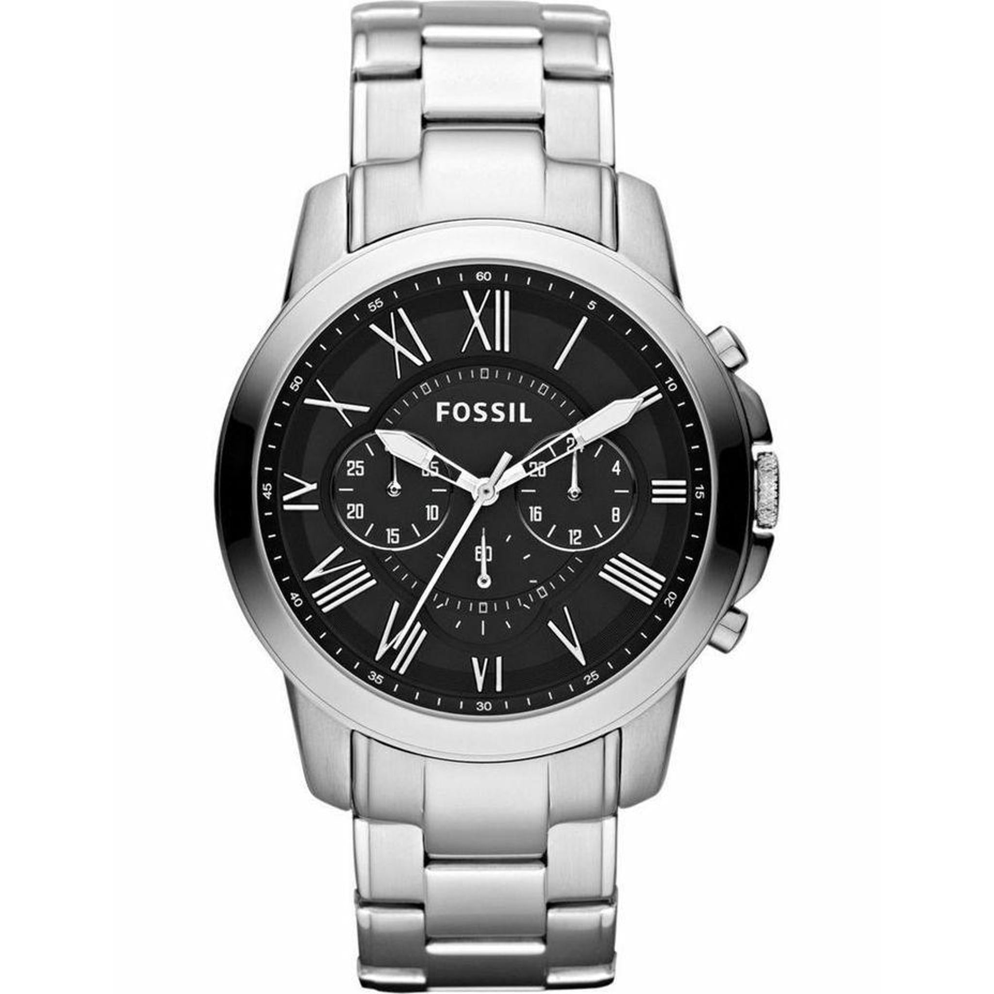 The FOSSIL FS4736IE Gents Grant Chronograph features a black dial with Roman numerals, three subdials, and a stainless steel band.