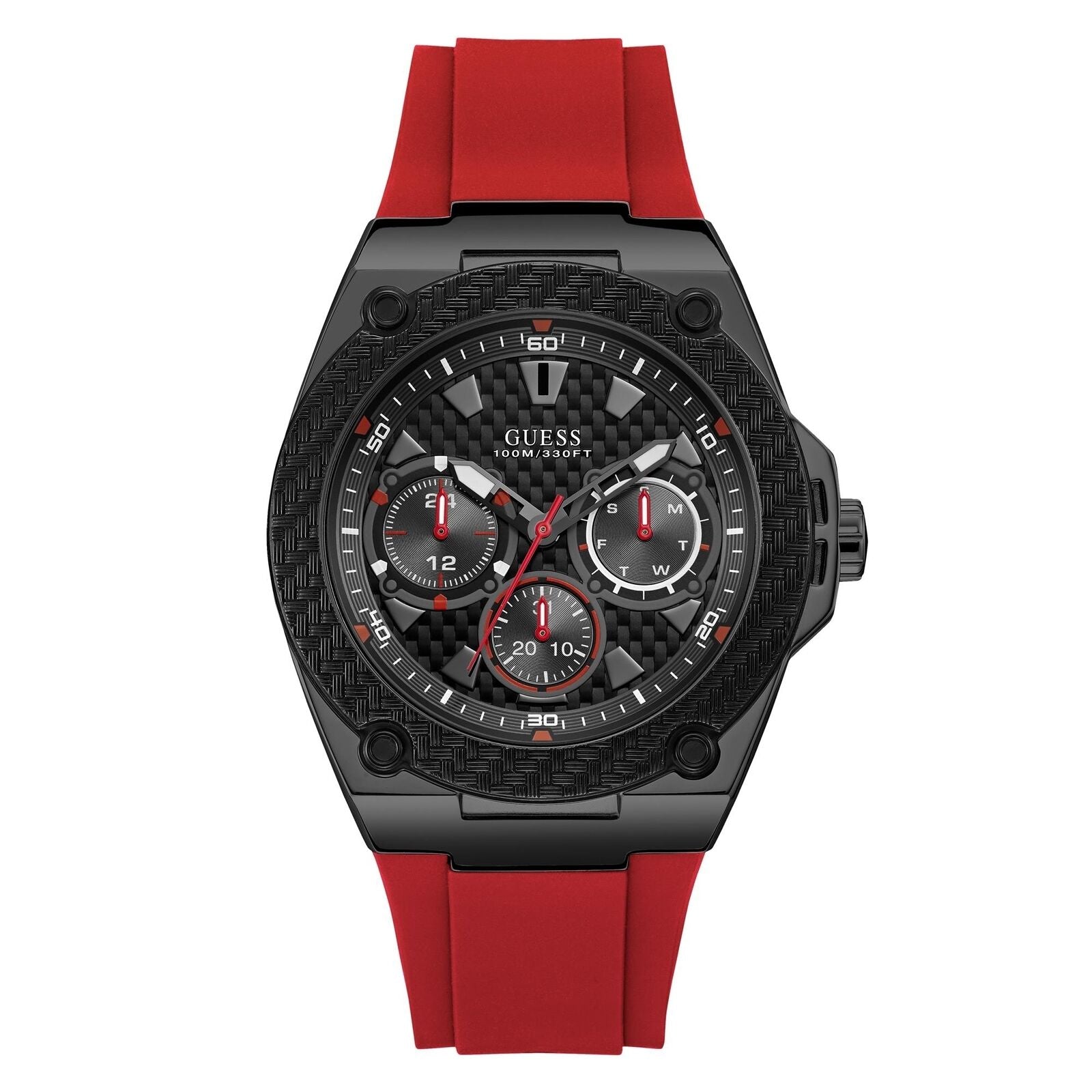 The Guess Men's Legacy W1049G6 features a black case, bold red rubber strap, textured bezel, three subdials, and is water resistant up to 100 meters.