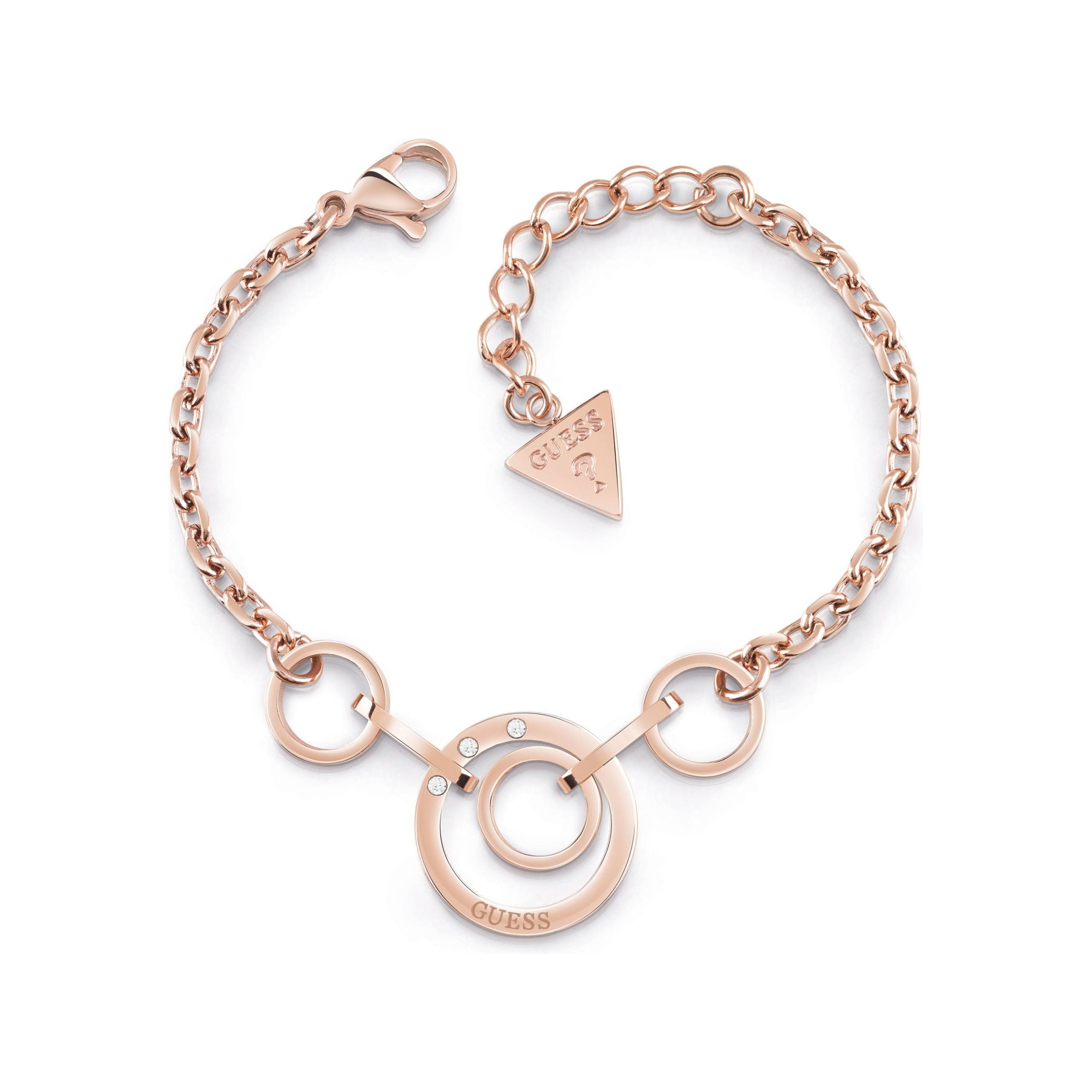 The Guess Jewellery Eternal Circles Rose Bracelet UBB29029-L is a rose gold plated bracelet with circular and ring accents, sparkling crystals, and a signature triangular Guess tag—perfect for adding everyday elegance.