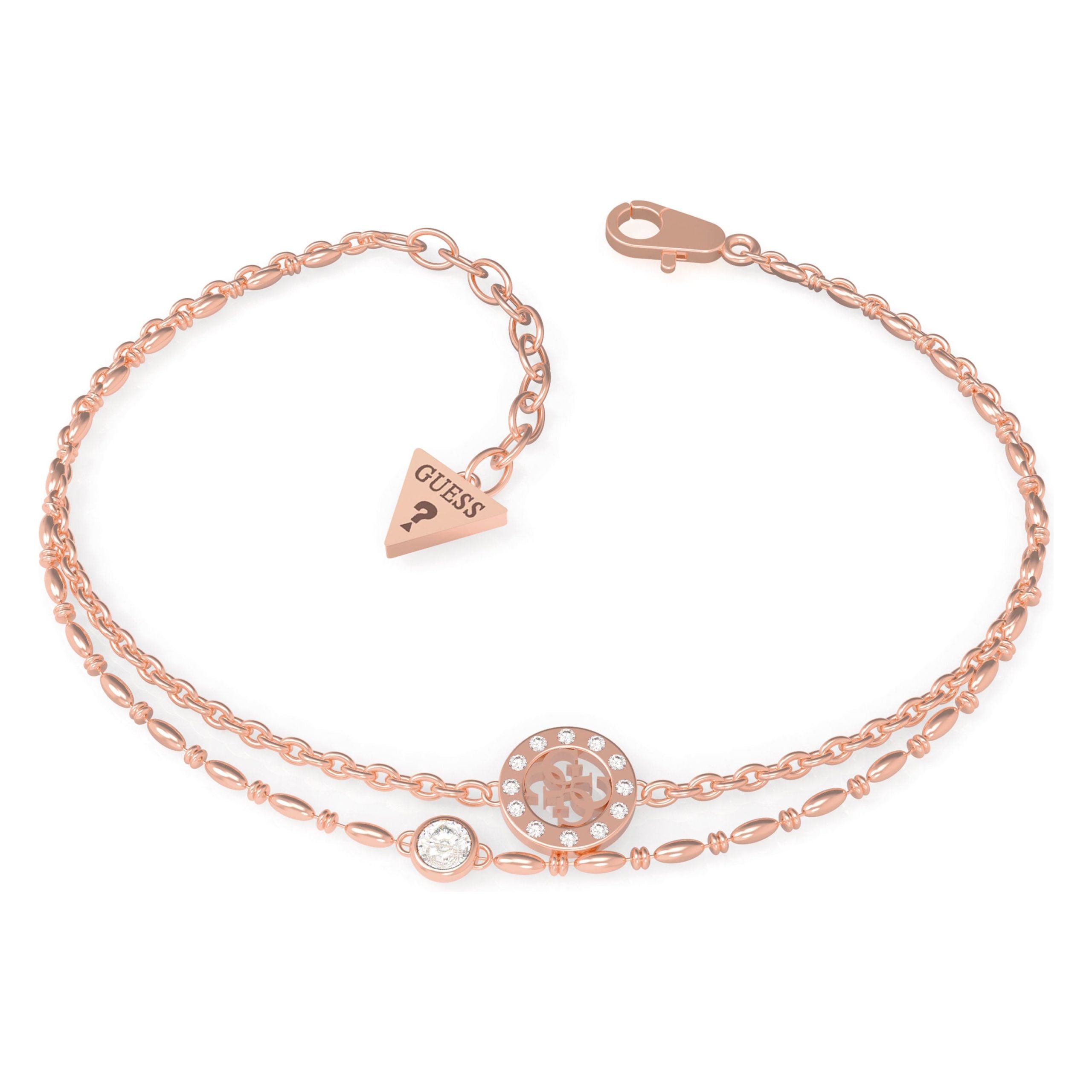 The Guess UBB79034-L Ladies Rose Gold Tone Miniature 4G Bracelet features a double-chain stainless steel design with round crystal charm, signature 4G Guess logo charm, and a secure lobster clasp closure.