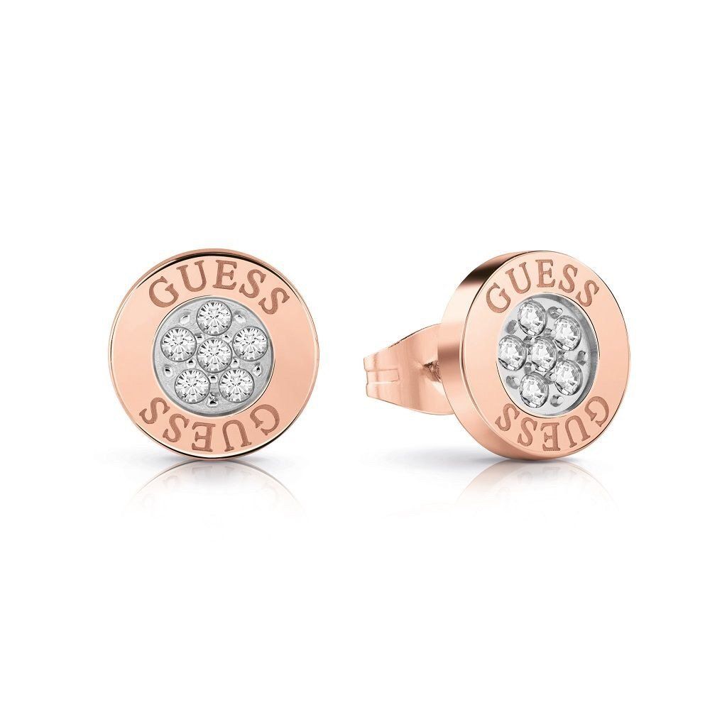 Guess UBE78024 Love Knot Rose Gold Tone Crystal Button Stud Earrings feature a central cluster of sparkling stones and the Guess logo elegantly engraved around the edge for a sophisticated, Swarovski-inspired look.