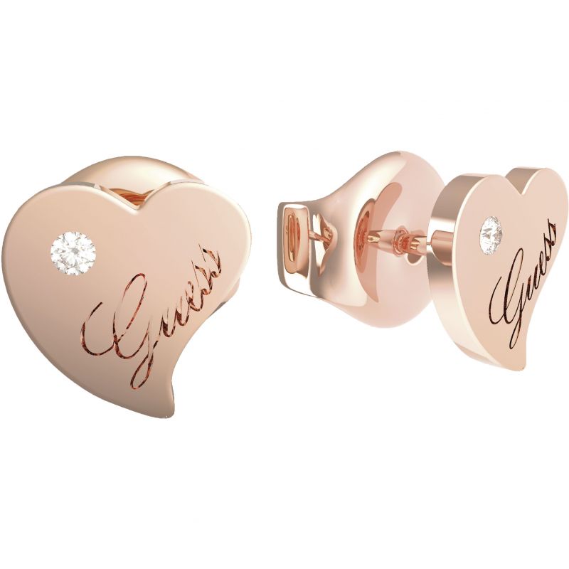 The Guess Queen of Hearts Stud Earrings UBE79017 feature rose gold heart shapes, Swarovski crystals, and "Guess" engraving—ideal for fans of the Queen of Hearts collection.