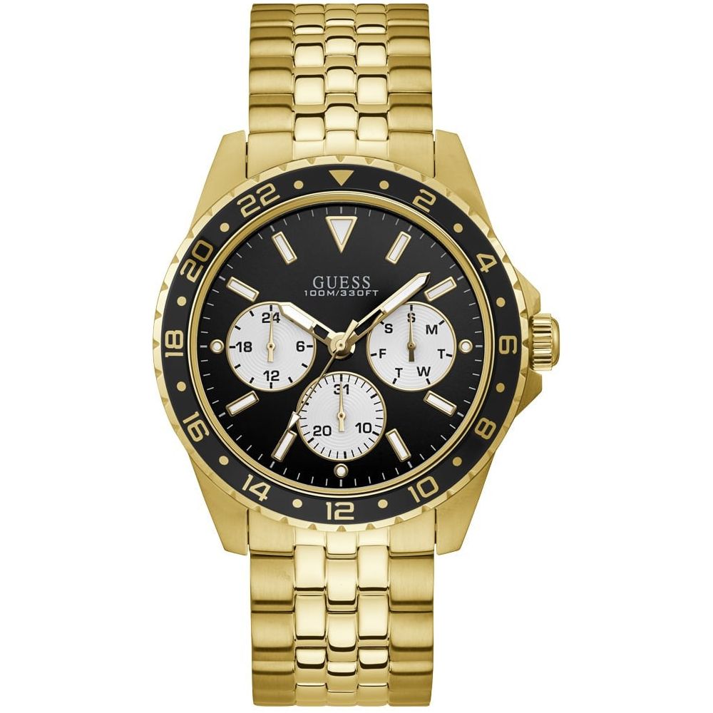 The Guess Men’s Odyssey Gold Tone Bracelet Black Dial W1107G4 features a 100m water-resistant case, black bezel, multi-function dial with day, date & 24-hour subdials, and a gold metal link bracelet.