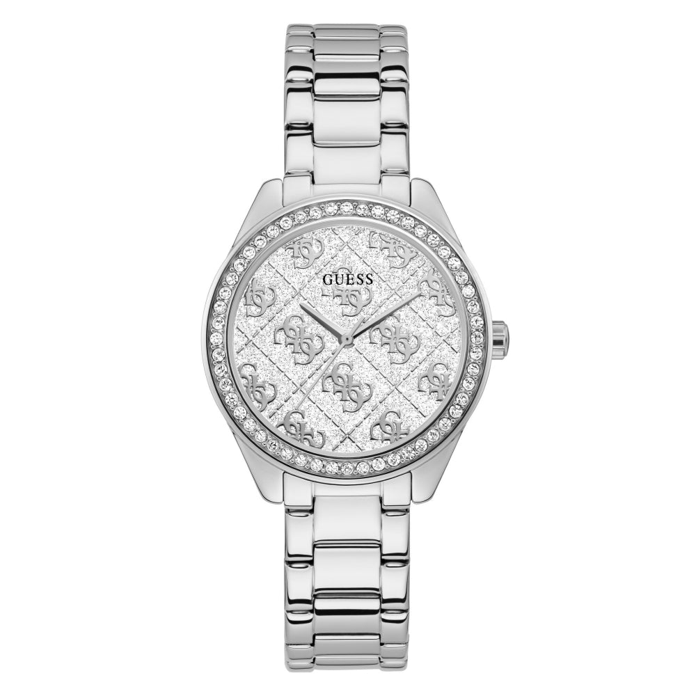 The Guess GW0001L1 Women's Sugar Silver Tone Watch features a metal link band, crystal-set bezel, and a patterned 4G logo dial with the iconic Guess logo.