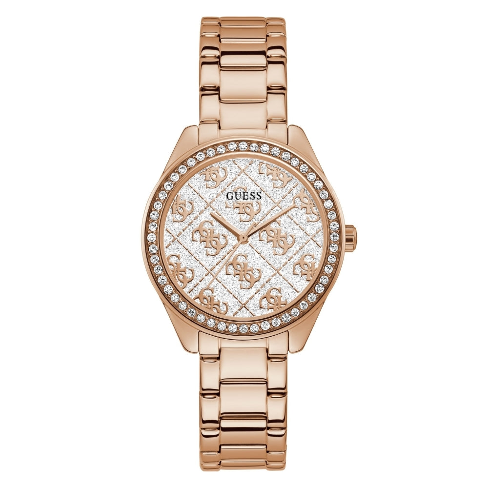 The Guess GW0001L3 Women's Sugar Rose Gold Tone Watch features a crystal-set bezel and a 4G logo dial with the iconic Guess monogram design.