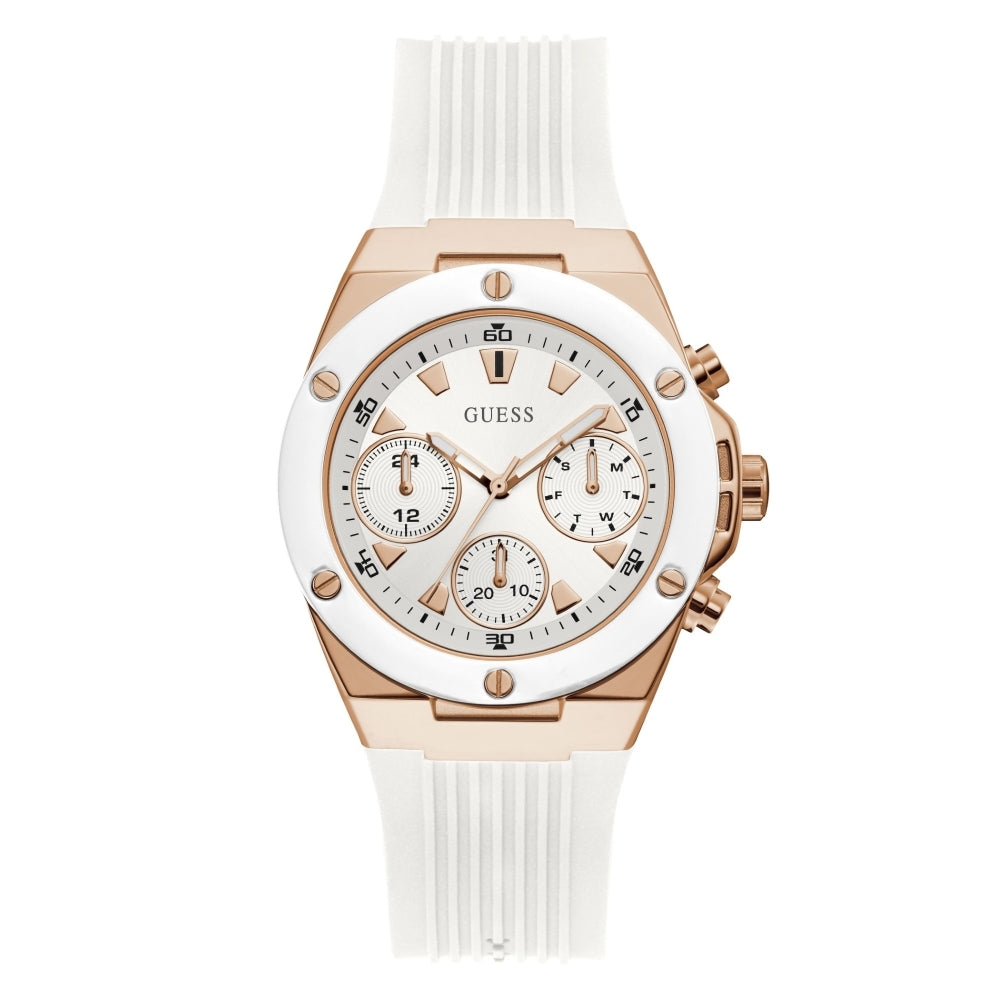 The Guess GW0030L3 Women's Athena Watch features a white silicone strap, round face, three subdials, and elegant gold and white accents.