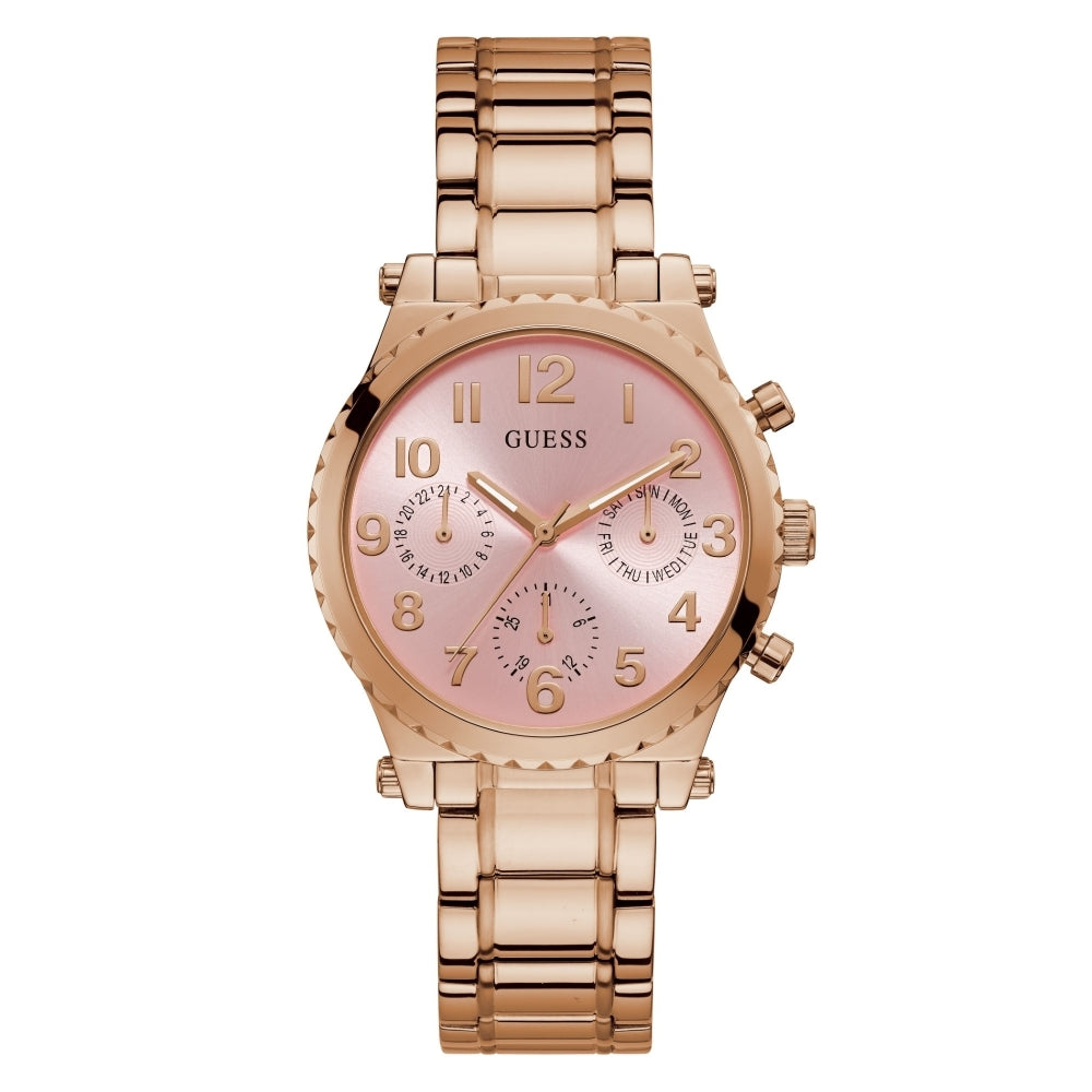 The Guess GW0035L3 Women's Gwen Rose Gold Tone Watch features a pink dial, gold hour markers, three subdials, and a stylish metal link bracelet.