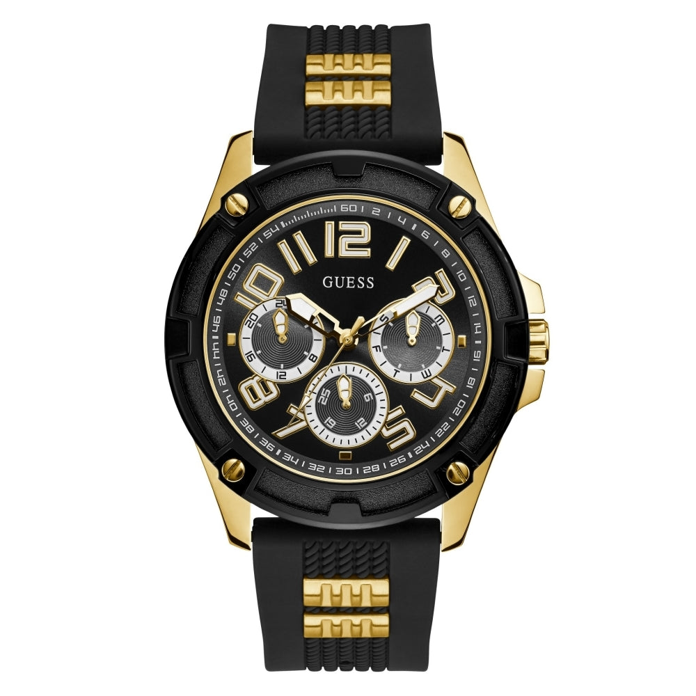 The Guess GW0051G2 Men's Delta Two Tone Wristwatch features a black and gold-tone stainless steel case, round multi-dial display, large hour markers, and a black silicone strap with gold accents.