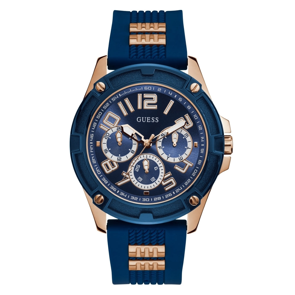 The Guess GW0051G3 Men's Delta Two Tone Watch features a blue round multi-dial display, gold hour markers, and a stylish blue silicone strap.