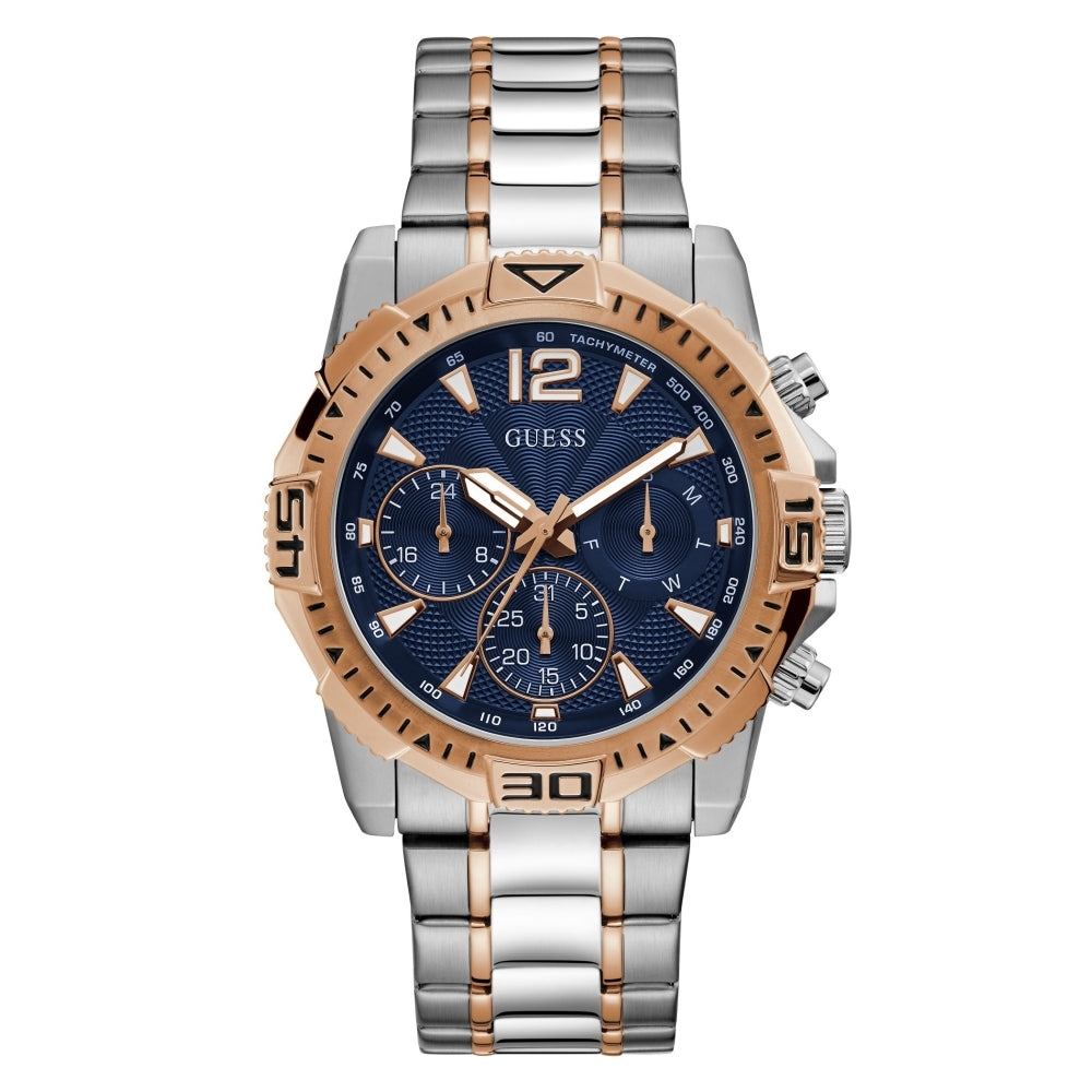 Guess GW0056G5 Men's Commander wristwatch features a blue dial with three subdials, a silver and rose gold two-tone bracelet, and is shown from the front.