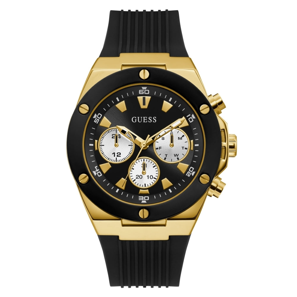 The Guess GW0057G1 Men's Poseidon watch features a gold-tone stainless steel case, three subdials, elegant gold accents on the face and crown, and a stylish black rubber strap.