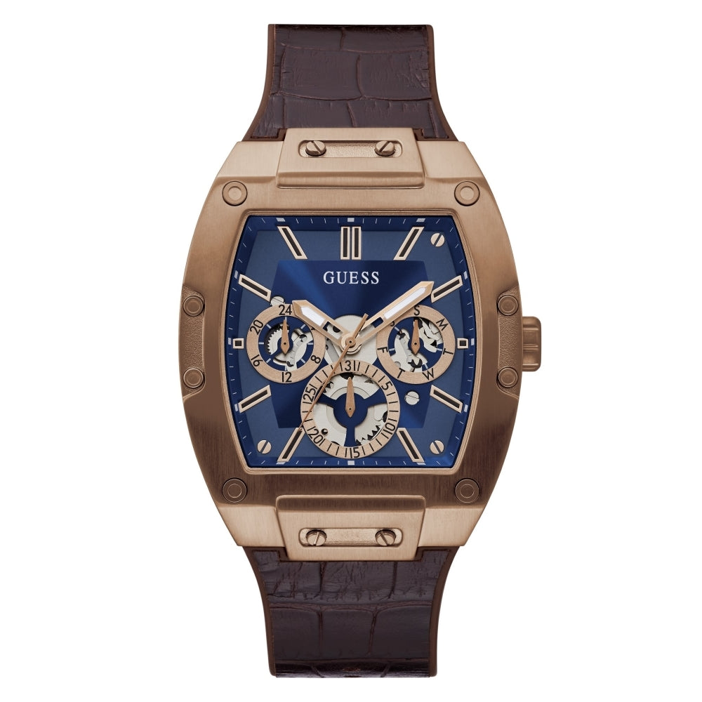 The Guess Gent's Rose Gold Tone Phoenix GW0202G2 features a blue rectangular dial, brown leather strap, and three subdials for day, date, and 24-hour time.