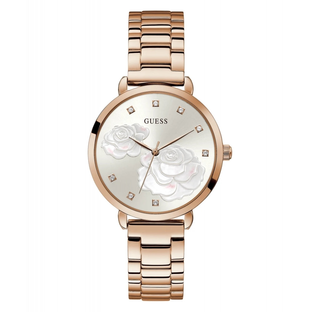 The Guess GW0242L3 Ladies Sparkling Rose Gold Tone Watch features a metal link band, an elegant floral dial, and crystal hour markers.