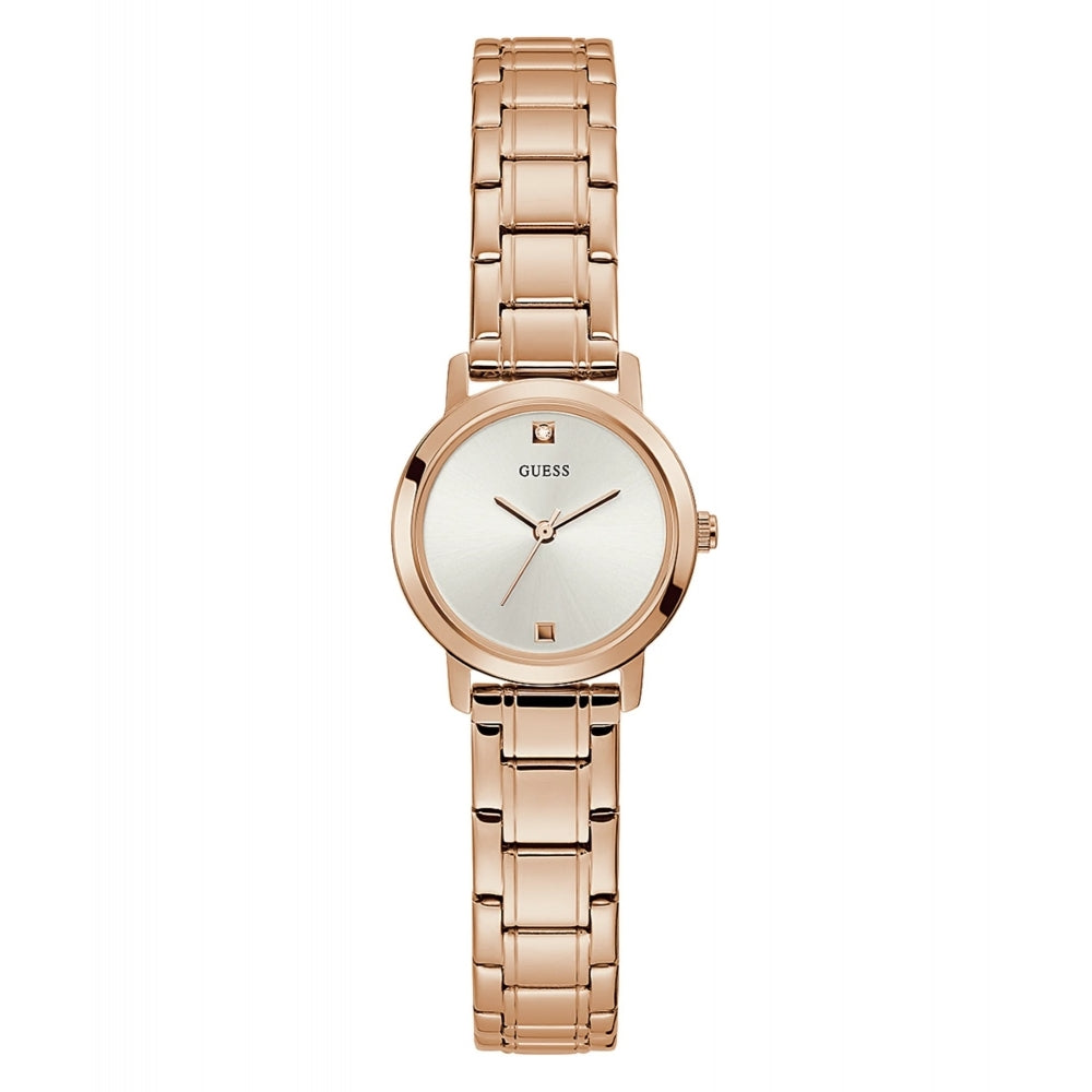 The Guess GW0244L3 Ladies Mini Nova Rose Gold Tone watch features a round silver diamond dial, minimalist hour markers, and a sleek metal link bracelet band.