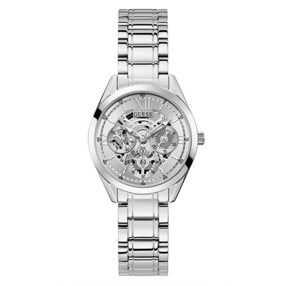 Guess GW0253L1 Ladies' Silver Tone Watch features a stainless steel bracelet and a clear cut dial with Roman numeral markers, displayed on a white background.