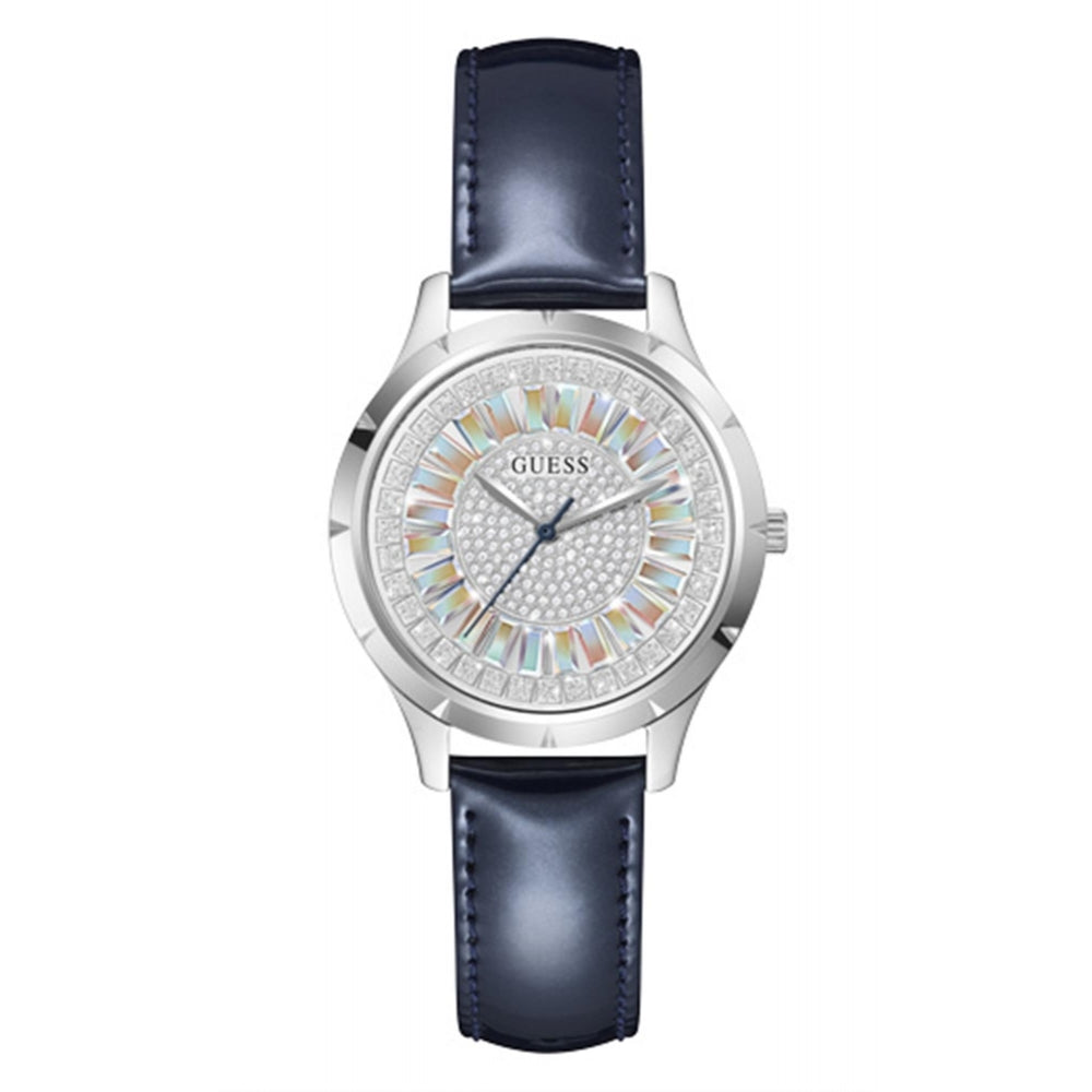 The Guess GW0299L1 Ladies Silver Tone Case Glamour Blue Leather Watch is displayed on a white background, featuring a patterned face and crystal accents with a dark blue leather strap.