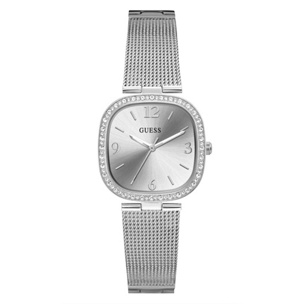 The Guess GW0354L1 Women's Tapestry Silver Tone Mesh Strap Wristwatch features a square face, crystal-studded bezel, minimalist metallic dial markers, and a stylish stainless steel mesh strap design.