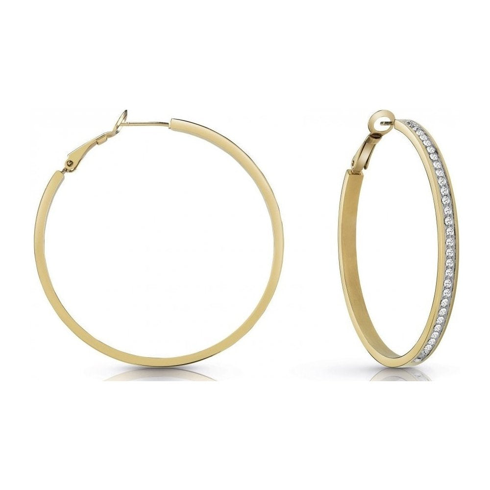 Guess Jewellery UBE28095 All Around Gold Tone 50MM Ladies Hoop Earrings, featuring one plain hoop and one with a row of small, clear stones along the front, displayed on a white background.