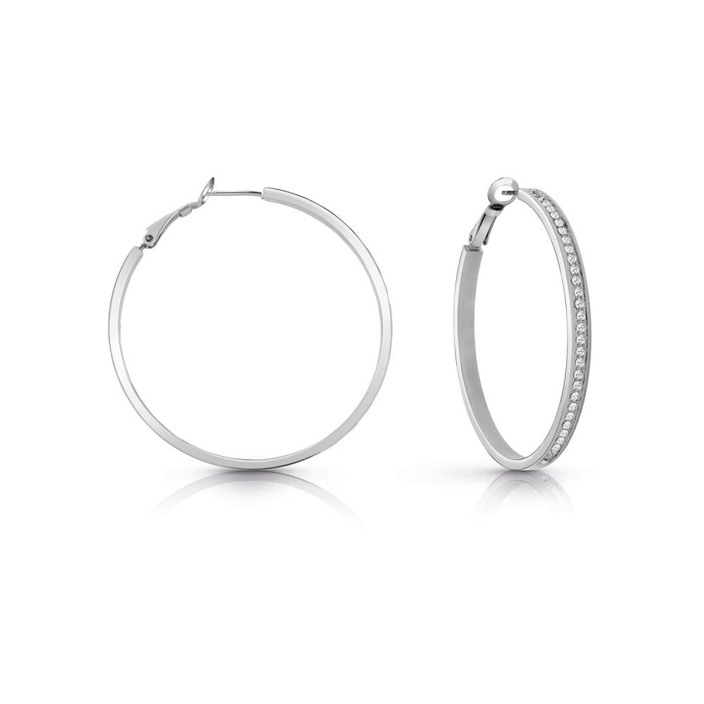 Guess Jewellery UBE28094 All Around Guess Silver Tone 50MM Ladies Hoop Earrings featuring latch closure and sparkling crystal pavé stones along the outer edge.