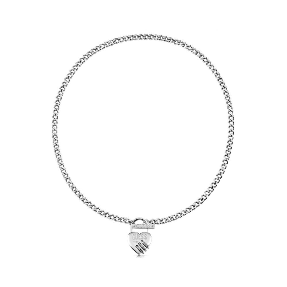 The GUESS JEWELLERY Lock Me Up Silver Tone Necklace UBN20049 features a heart-shaped padlock pendant engraved with the GUESS logo—a stylish and charming accessory.