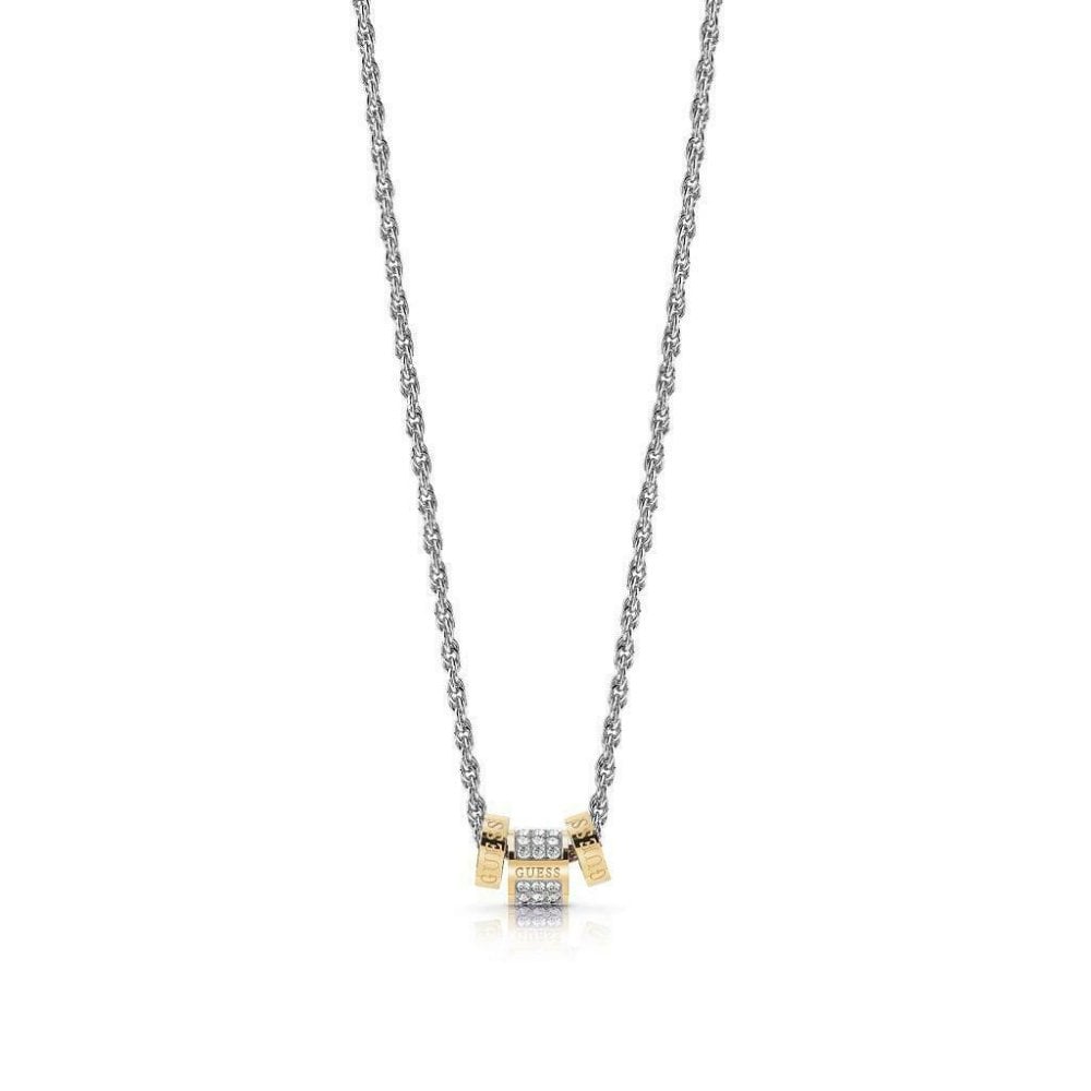 The Guess UBN78039 Love Knot Necklace features a two-tone gold and silver bead design with a central love knot pendant, accented by sparkling clear stones for an elegant look reminiscent of Swarovski style.