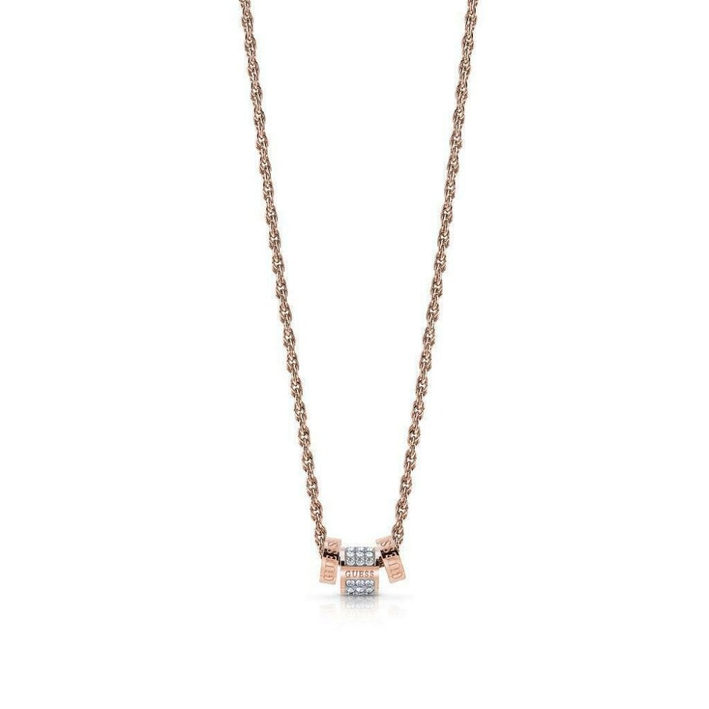 The GUESS JEWELLERY Rose Gold Tone Love Knot Crystal Bead Necklace (UBN78093) features a love knot pendant with sparkling crystal beads and elegant rose gold tones for a sophisticated touch.