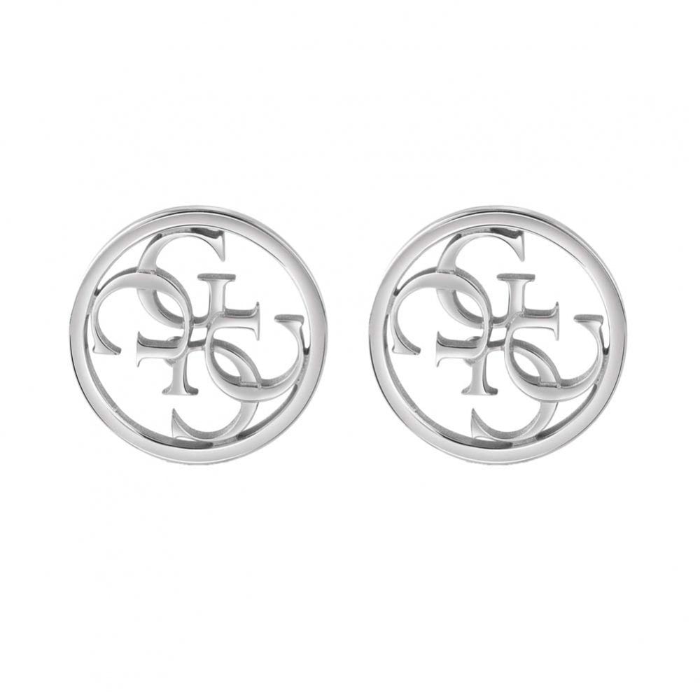 The GUESS JEWELLERY NEVER WITHOUT Silver tone 4G Logo Studs (UBE28073) feature interlocking four G designs in each silver-tone circle, shown on a plain white background.