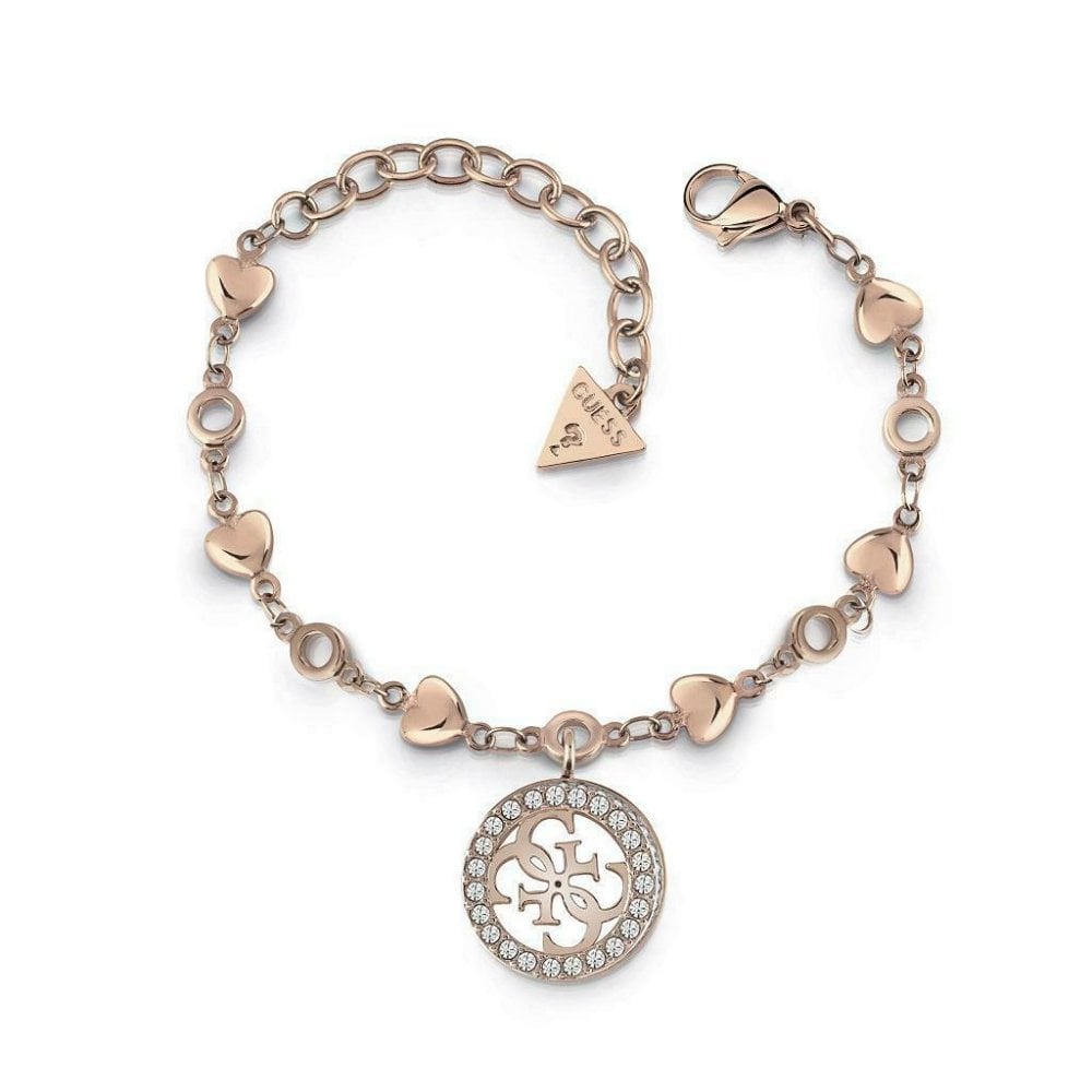 GUESS JEWELLERY UBB78018-L Rose Gold Tone Tropical Sun Heart Bracelet features small heart links, a round pendant, and a 4-G signature charm.