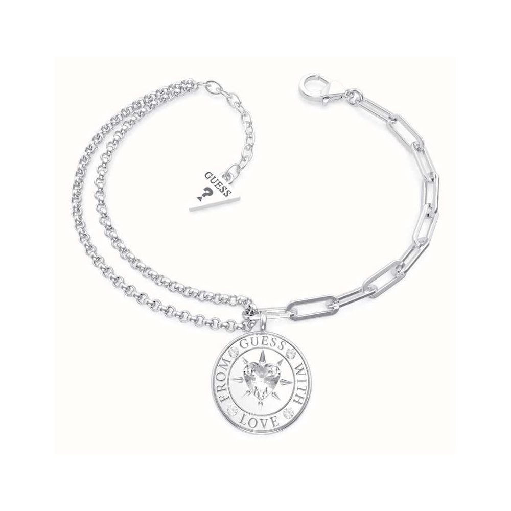 The GUESS JEWELLERY Ladies With Love SilverTone Double Chain Bracelet UBB70000-L features a mix of link styles, a round pendant engraved with "FROM GUESS WITH LOVE," and a star design.