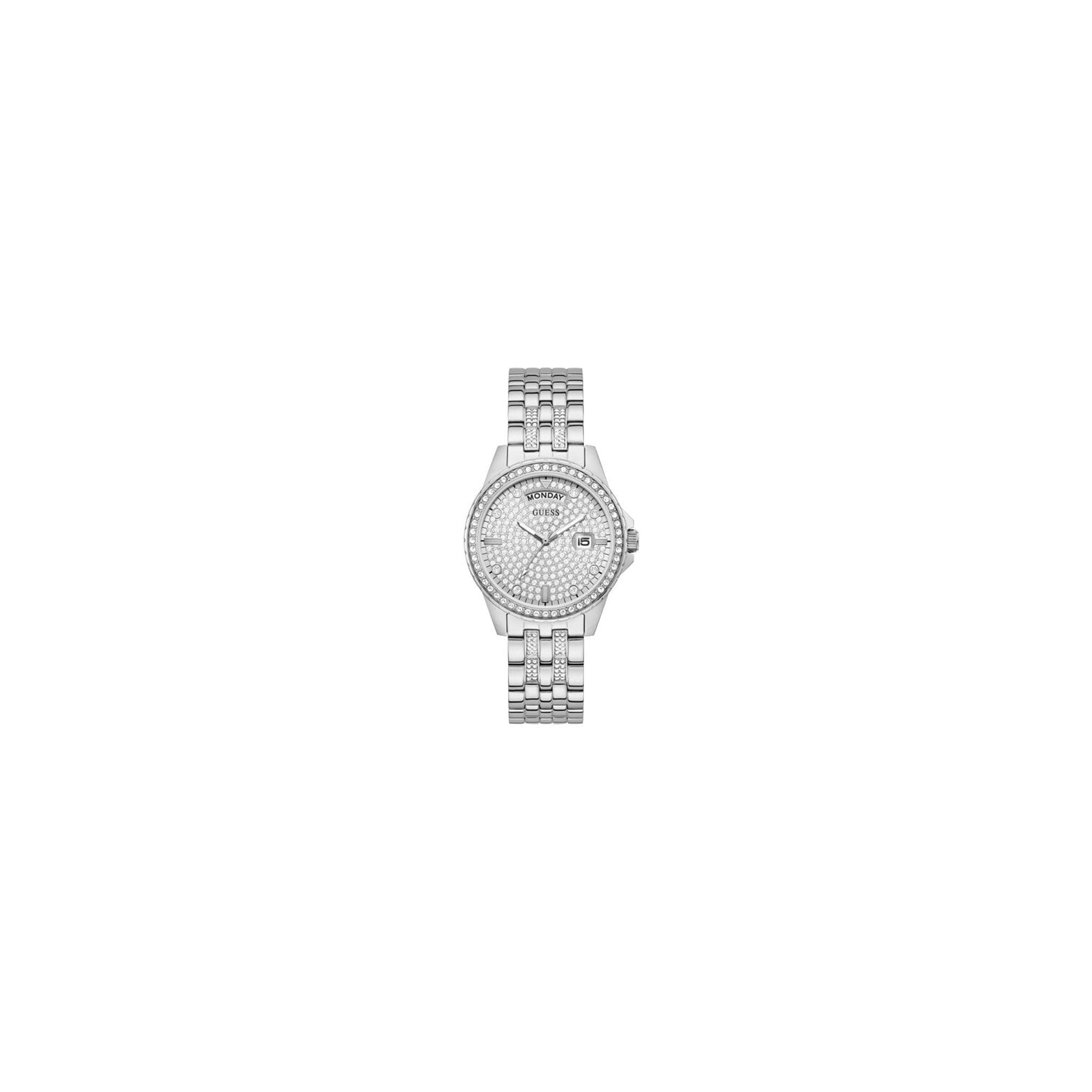 The Guess Ladies' Comet Silver Tone Watch GW0254L1 features a crystal set dial, round face, and metal link band, displaying both time and date.