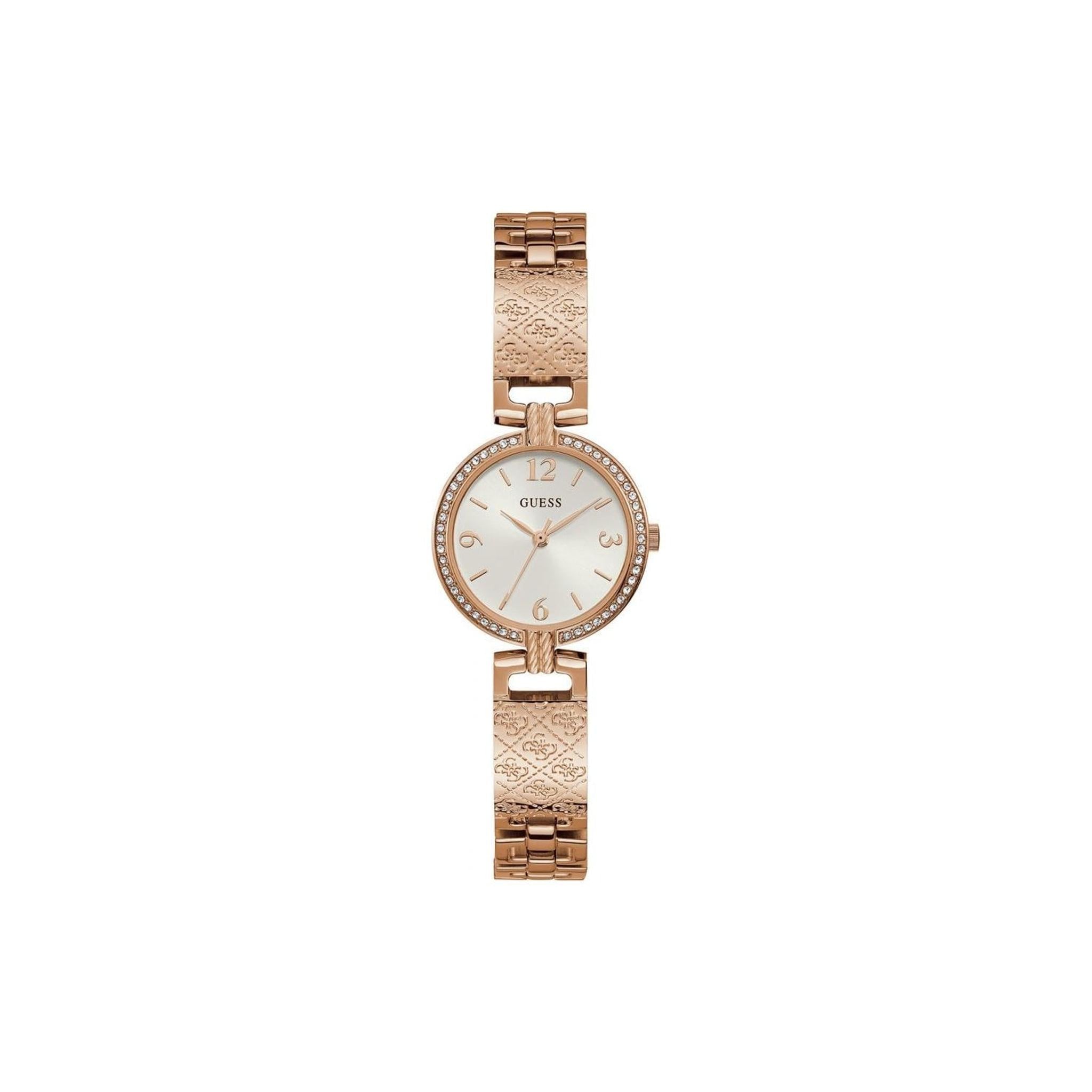 The Guess GW0112L3 Rose Gold Tone Mini Luxe Silver Dial Crystal Bracelet Watch features a round face, minimalist dial, patterned metal band, and sparkling crystal bezel, shown against a white background.