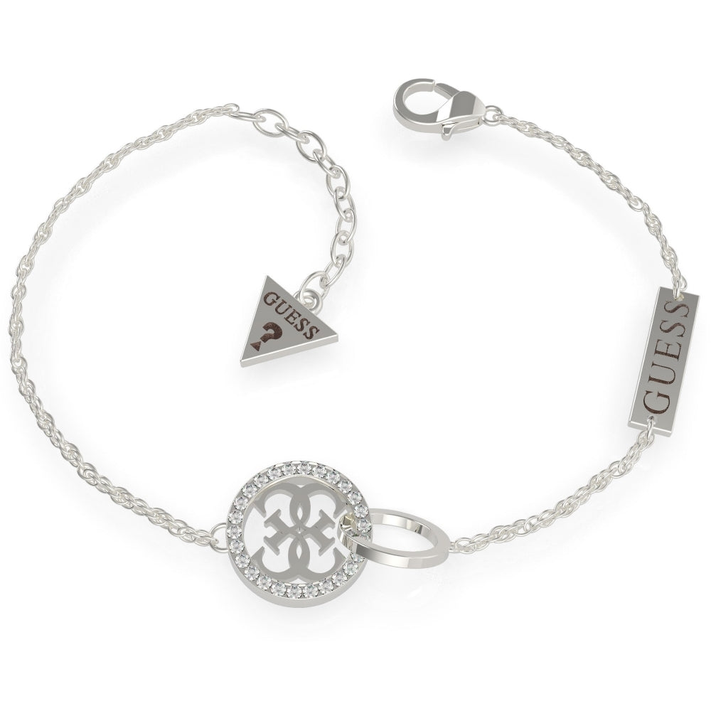 The Guess Equilibre Stainless Steel Silver Bracelet UBB79078-L features a circular, crystal-accented charm, decorative design, "GUESS" tags—including a triangular tag near the clasp—and modern rhodium-plated style.