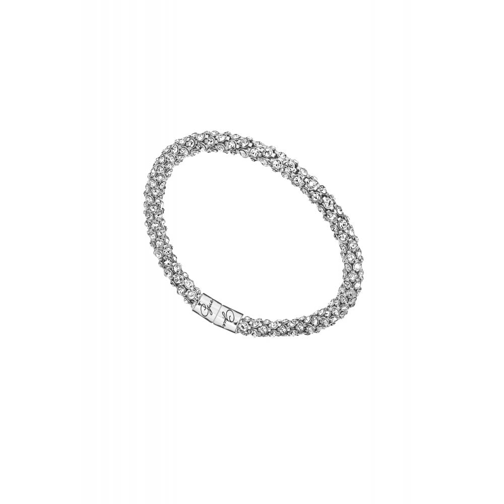 A rhodium-plated Guess Glamazon Glisten bangle, model Ubb81332, featuring a single row of round-cut Swarovski Crystals and an "ES" engraved clasp.
