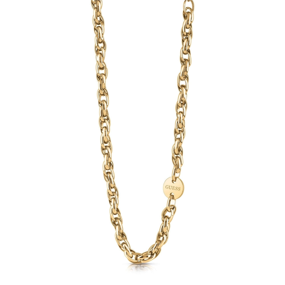 The Guess UBN29039 Women's Gold Tone Chain Reaction Necklace features elegant oval links and a small round "GUESS" coin logo charm near the center.