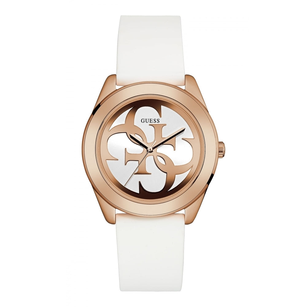 The GUESS Ladies W0911L5 G Twist features a rose gold tone sunray logo dial and minimalist hands, paired with a white smooth silicone strap.